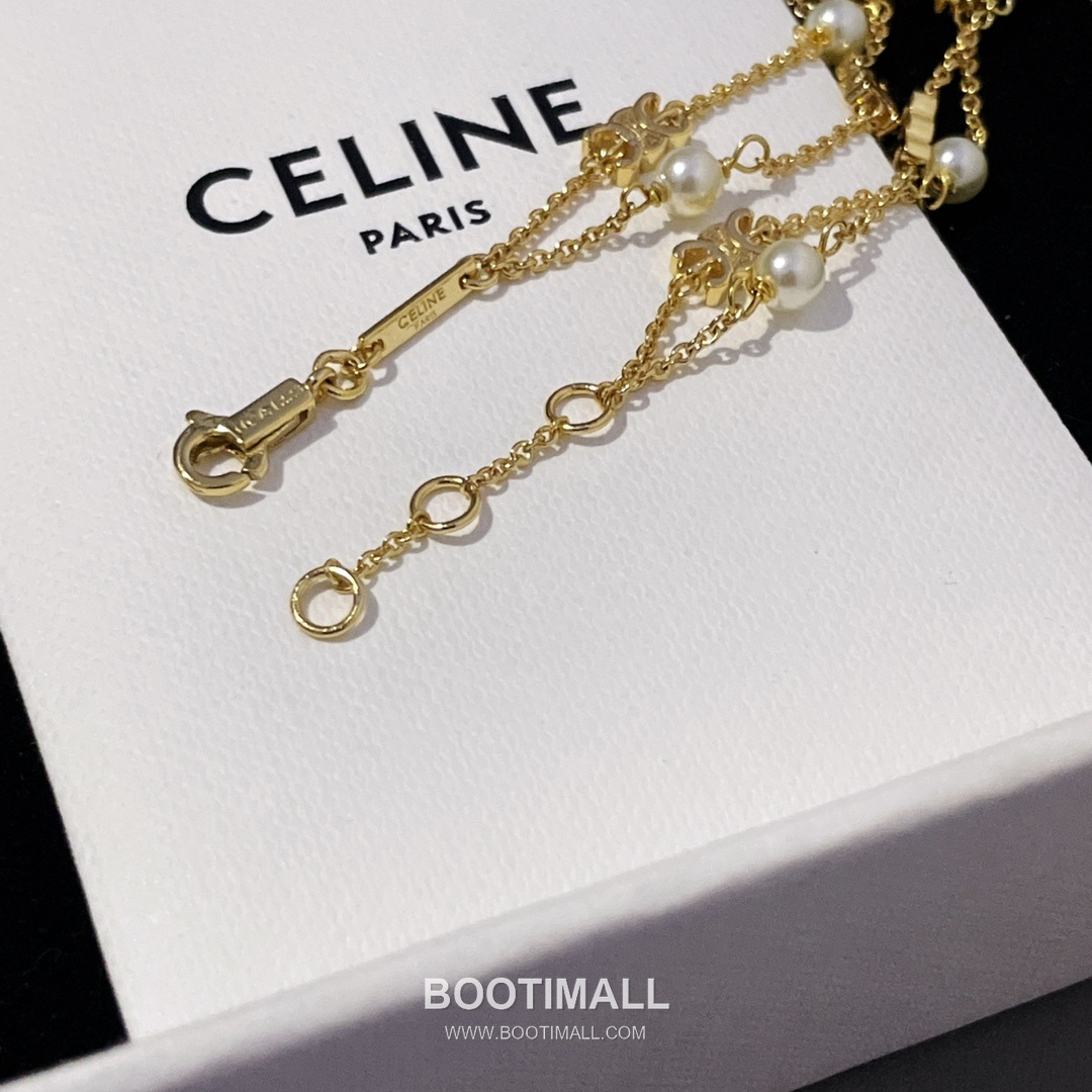 Celine Triomphe Double Layer Brass Gold Plated Necklace with Bead Chain Pendant 셀린느 트리옹프 더블 레이어 황동 골드도금 네클리스 비드 체인 펜던트 13
