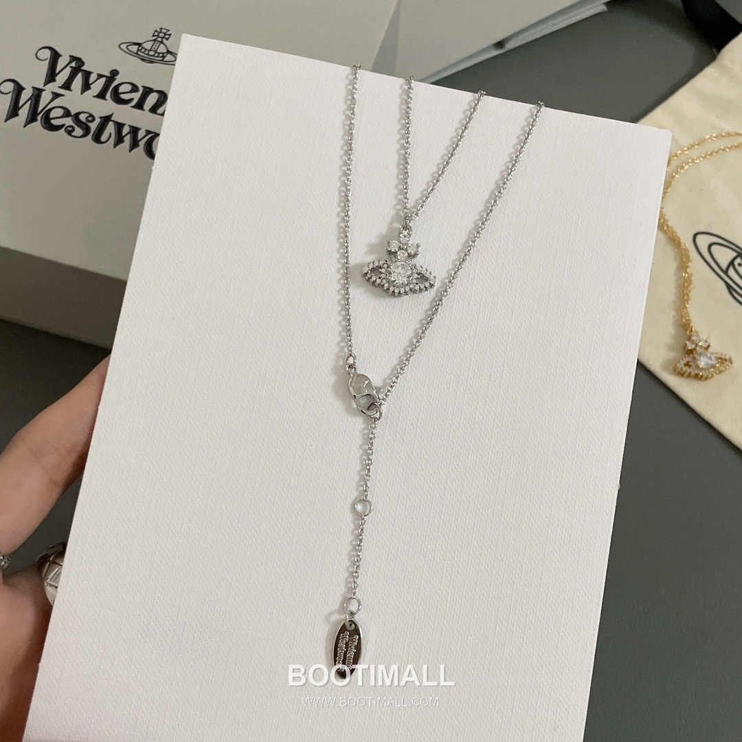 Vivienne Westwood Orb Full Crystal Brass Gold Plated Necklace with Saturn Pendant 비비안웨스트우드 오브 풀 크리스탈 황동 골드도금 네클리스 새턴 펜던트 14