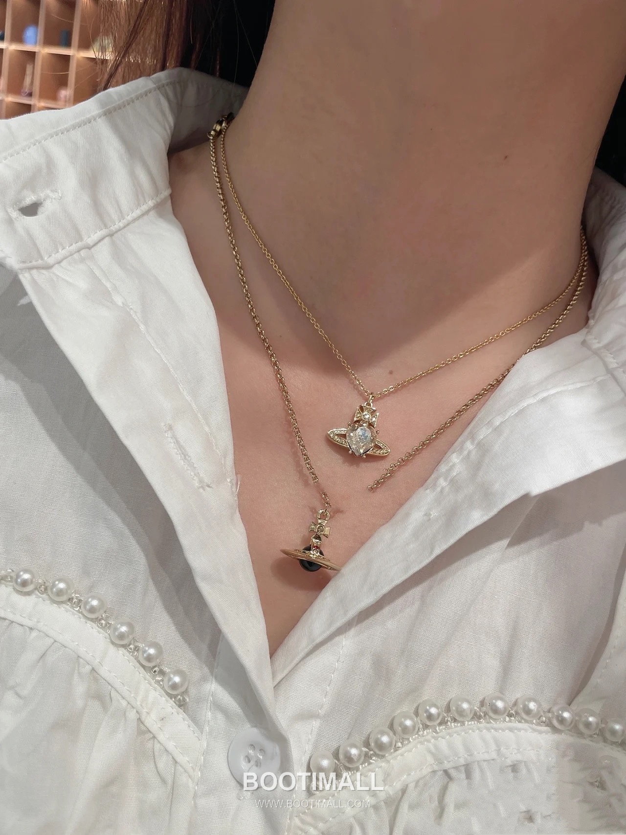Vivienne Westwood Heart Orb Crystal Brass Gold Plated Necklace with Saturn Pendant 비비안웨스트우드 하트 오브 크리스탈 황동 골드도금 네클리스 새턴 펜던트 7