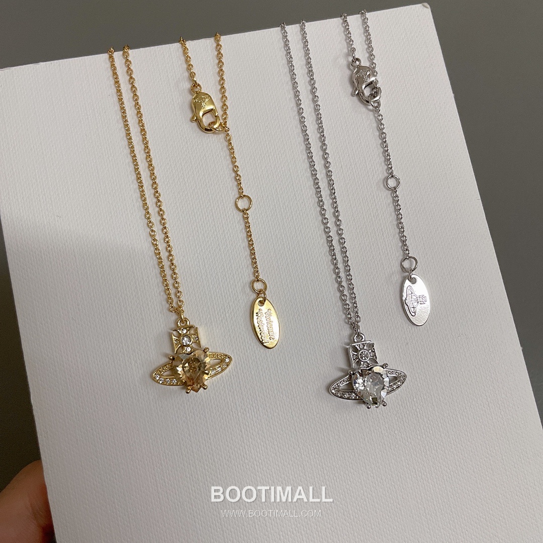 Vivienne Westwood Heart Orb Crystal Brass Gold Plated Necklace with Saturn Pendant 비비안웨스트우드 하트 오브 크리스탈 황동 골드도금 네클리스 새턴 펜던트 11