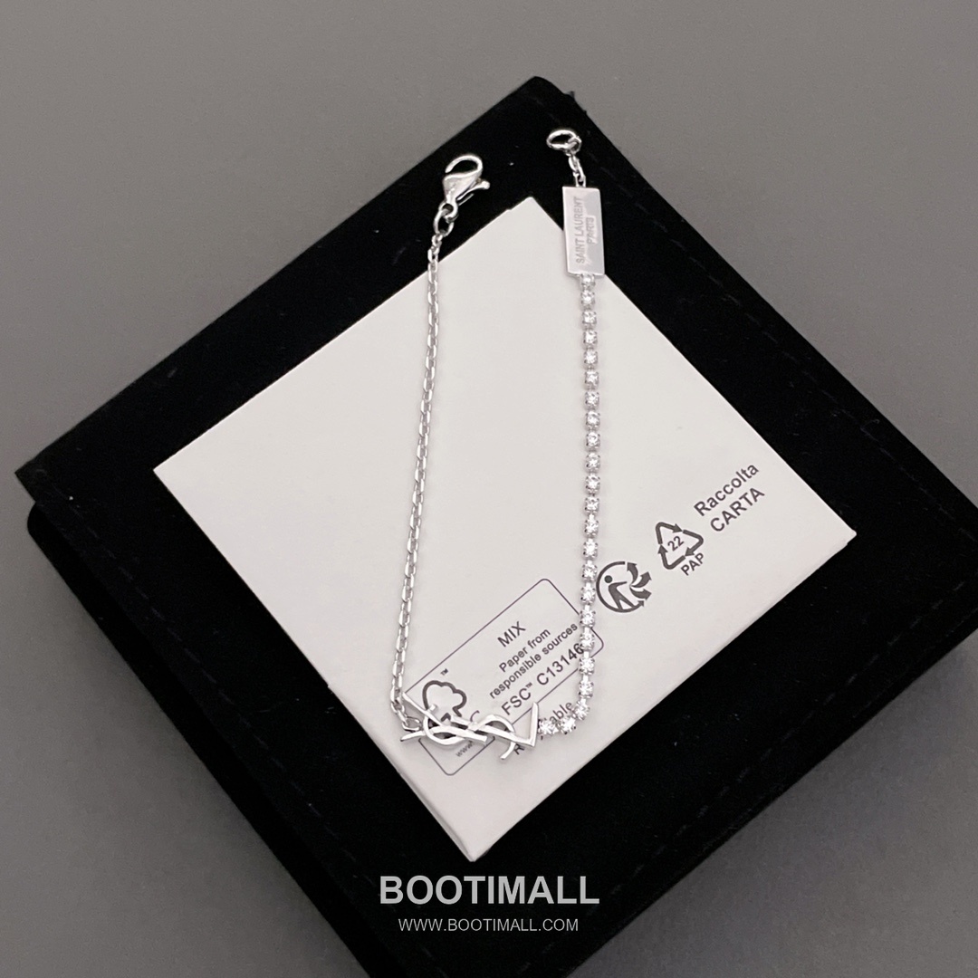 Saint Laurent Half Chain Half Crystal Brass Silver Plated Bracelet with Link Detail 생로랑 하프 체인 하프 크리스탈 황동 실버도금 브레이슬릿 링크 디테일 8