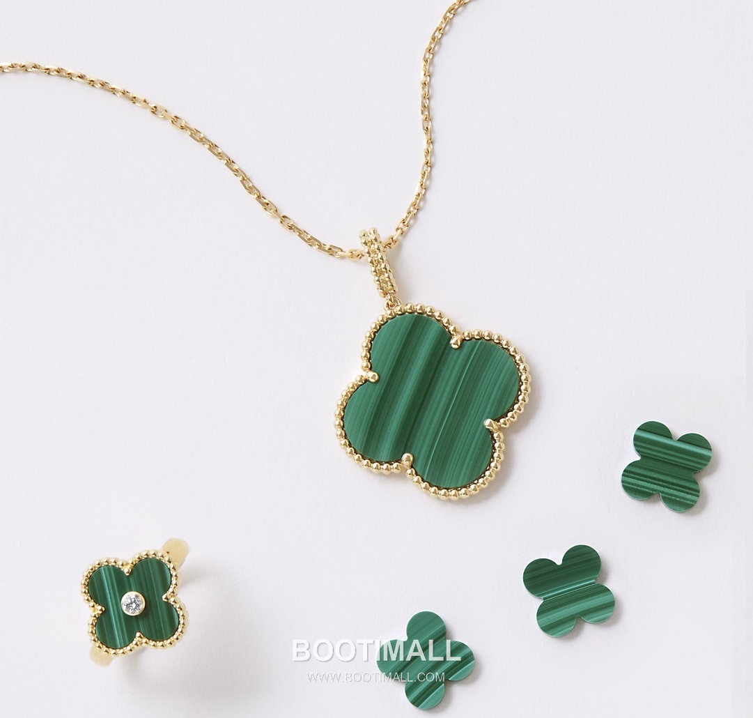 Van Cleef & Arpels Alhambra Clover Malachite Onyx Mother of Pearl Sterling Silver 925 Necklace with Beaded Chain 반클리프아펠 알함브라 클로버 말라카이트 오닉스 자개 스털링 실버 925 네클리스 비드 체인 9