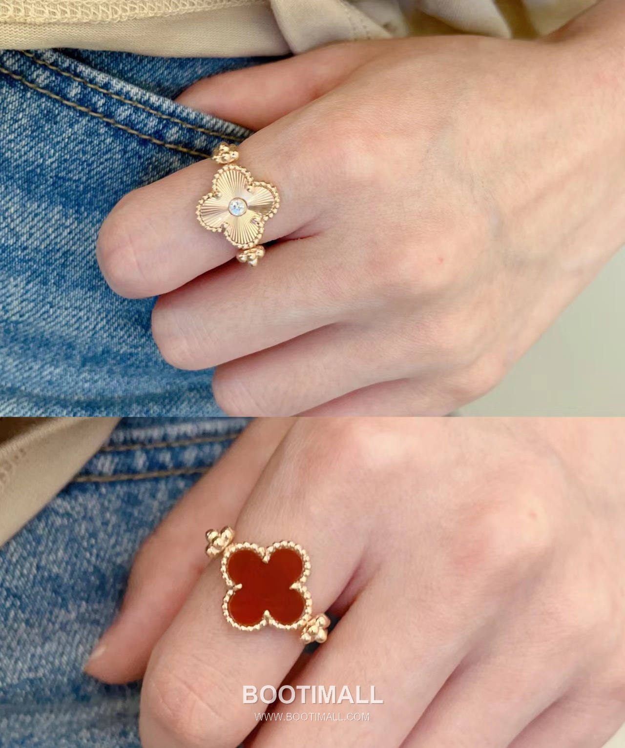 Van Cleef & Arpels Alhambra Carnelian Diamond Brass Gold Plated Ring with Rotating Clover Motif 반클리프아펠 알함브라 카넬리안 다이아 황동 골드도금 링 회전형 클로버 모티프 1
