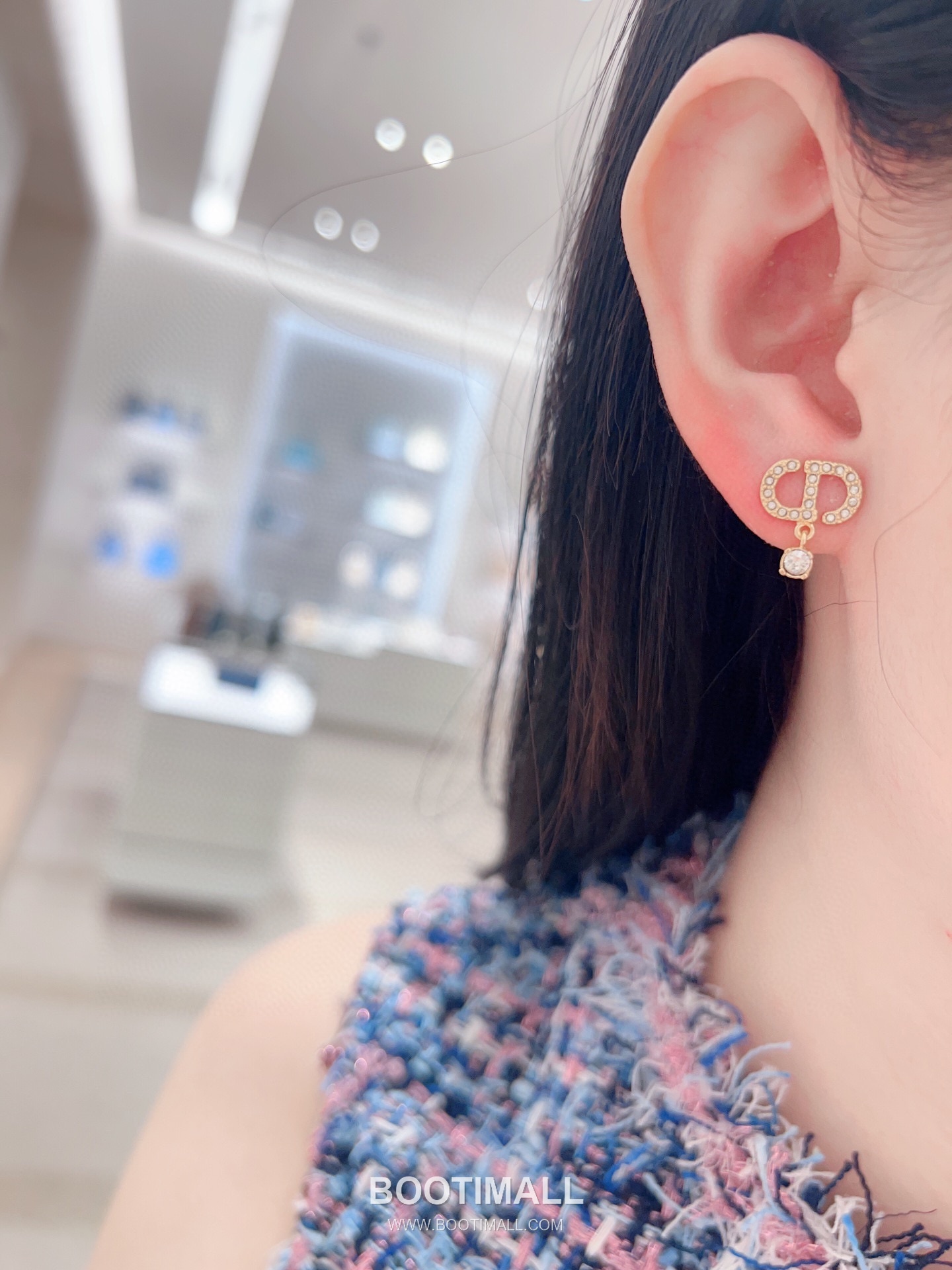 Dior CD Full Crystal Brass Silver Plated Stud Earring with Drop Pendant 디올 CD 풀 크리스탈 황동 실버도금 스터드 이어링 드롭 펜던트 2