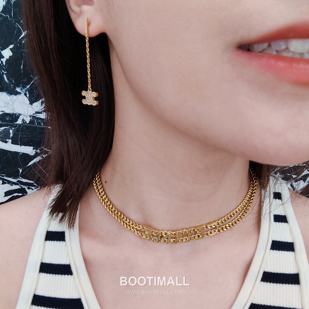 Celine Triomphe Full Crystal Brass Gold Plated Long Chain Drop Earring with Logo Pendant 셀린느 트리옹프 풀 크리스탈 황동 골드도금 롱 체인 드롭 이어링 로고 펜던트 3