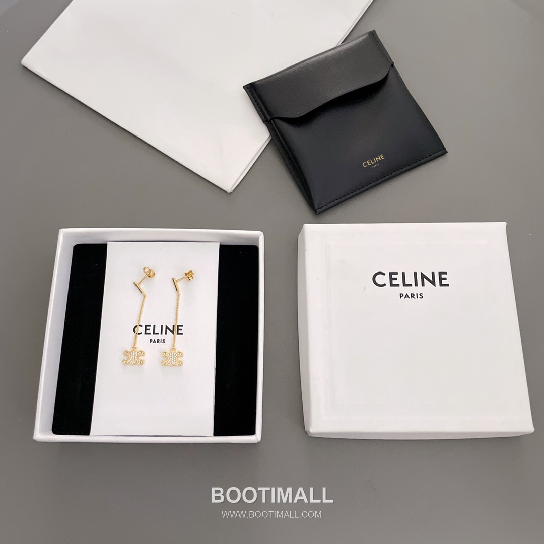 Celine Triomphe Full Crystal Brass Gold Plated Long Chain Drop Earring with Logo Pendant 셀린느 트리옹프 풀 크리스탈 황동 골드도금 롱 체인 드롭 이어링 로고 펜던트 6