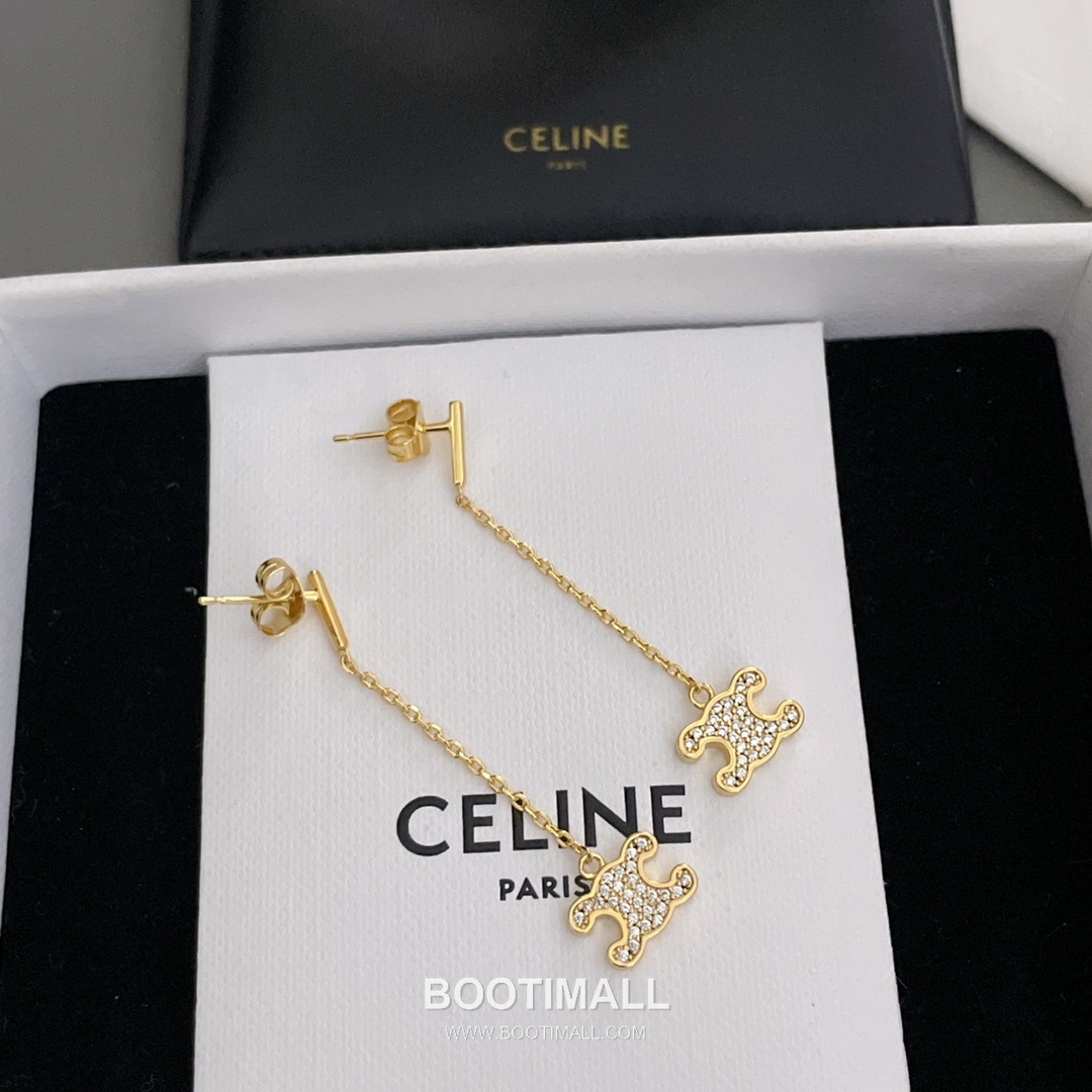 Celine Triomphe Full Crystal Brass Gold Plated Long Chain Drop Earring with Logo Pendant 셀린느 트리옹프 풀 크리스탈 황동 골드도금 롱 체인 드롭 이어링 로고 펜던트 7