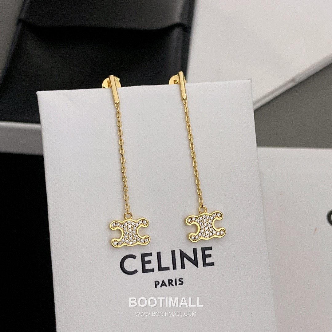Celine Triomphe Full Crystal Brass Gold Plated Long Chain Drop Earring with Logo Pendant 셀린느 트리옹프 풀 크리스탈 황동 골드도금 롱 체인 드롭 이어링 로고 펜던트 9