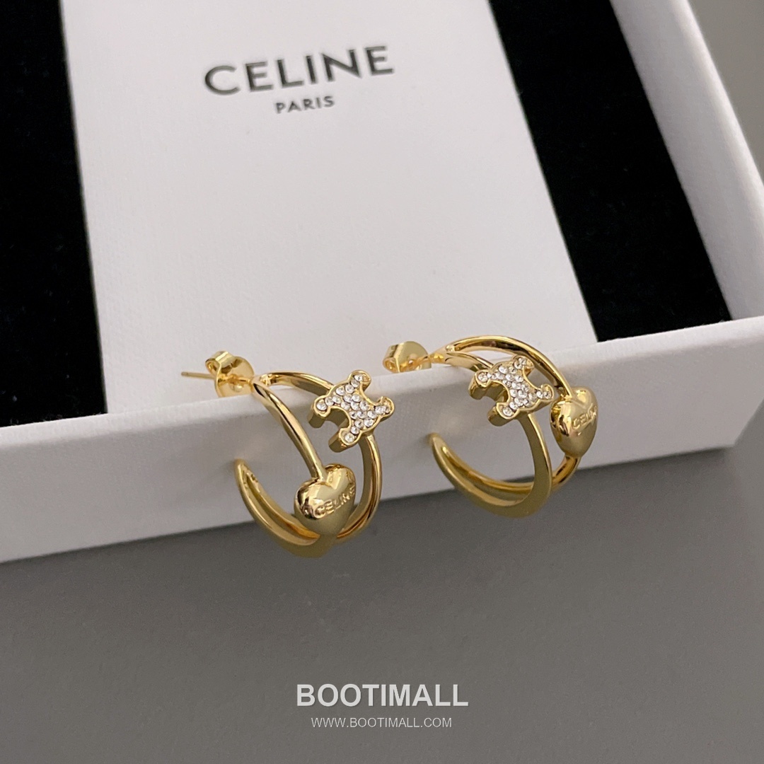 Celine Triomphe Heart Brass Gold Plated Curved Stud Earring with Logo Detail 셀린느 트리옹프 하트 황동 골드도금 커브드 스터드 이어링 로고 디테일 8