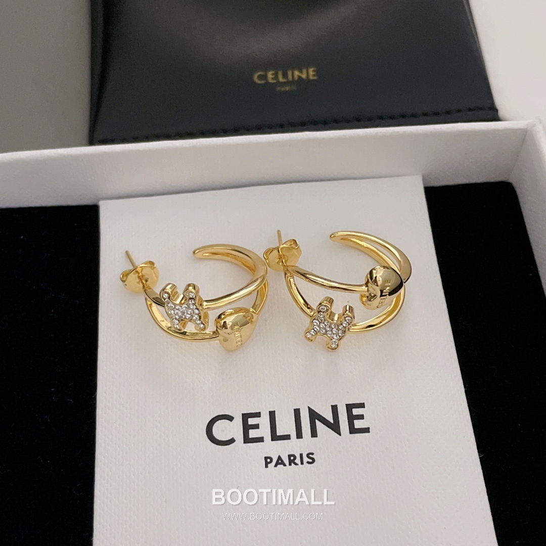 Celine Triomphe Heart Brass Gold Plated Curved Stud Earring with Logo Detail 셀린느 트리옹프 하트 황동 골드도금 커브드 스터드 이어링 로고 디테일 9
