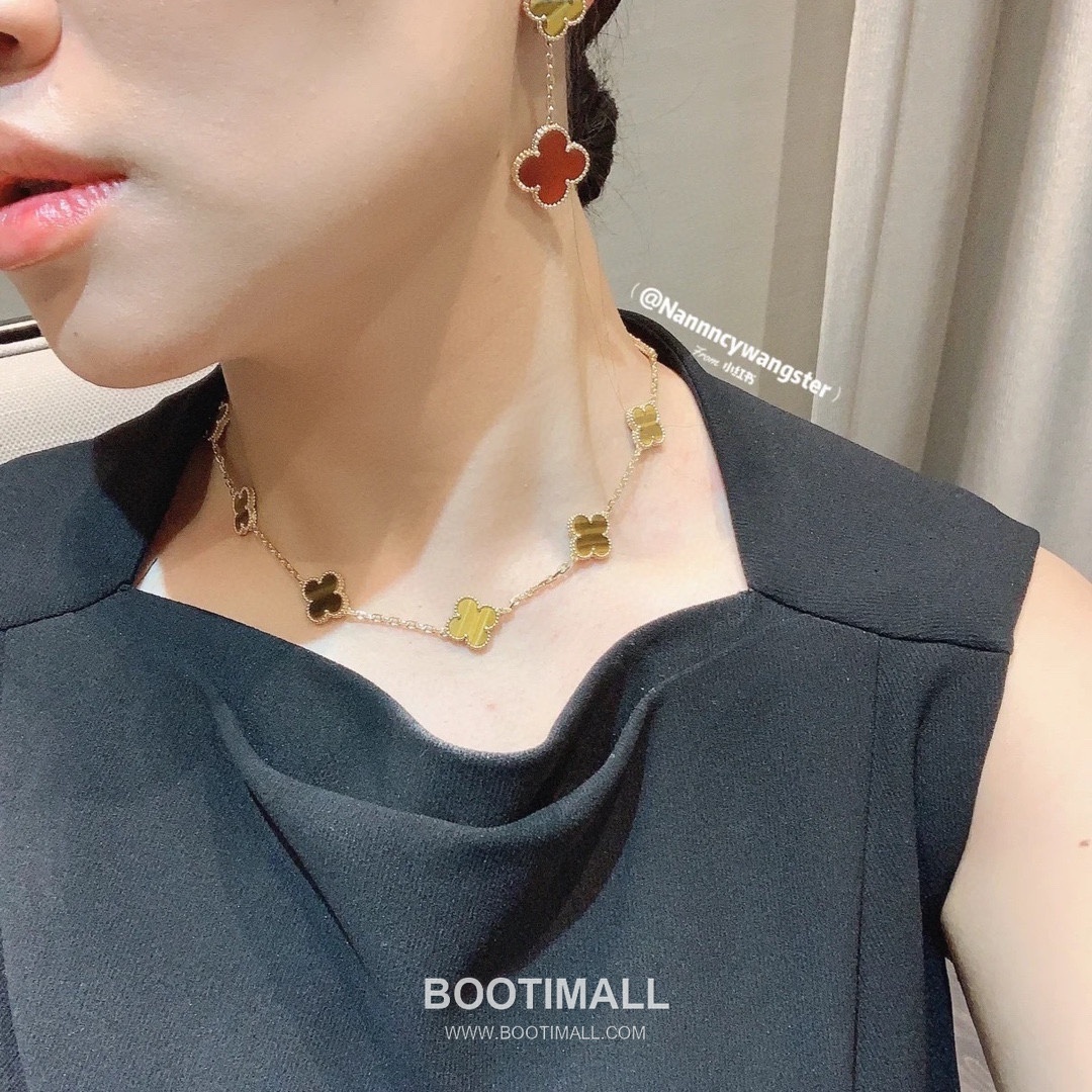 Van Cleef & Arpels Alhambra Ten Clover Malachite Onyx Carnelian Mother of Pearl Sterling Silver 925 Necklace with Beaded Chain 반클리프아펠 알함브라 텐 클로버 말라카이트 오닉스 카넬리안 자개 스털링 실버 925 네클리스 비드 체인 3