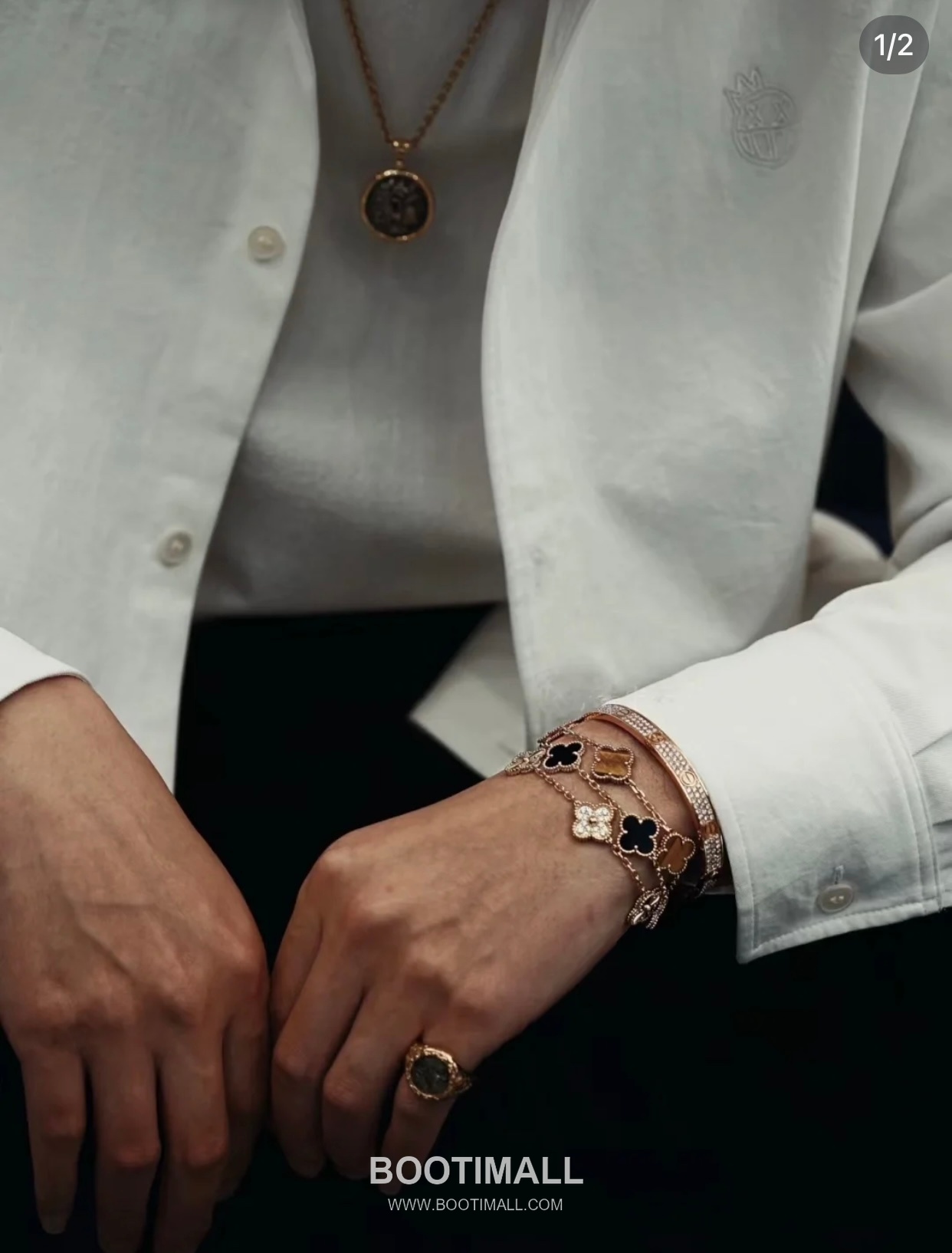 Van Cleef & Arpels Alhambra Five Clover Malachite Onyx Carnelian Mother of Pearl Sterling Silver 925 Bracelet with Beaded Chain 반클리프아펠 알함브라 파이브 클로버 말라카이트 오닉스 카넬리안 자개 스털링 실버 925 브레이슬릿 비드 체인 2