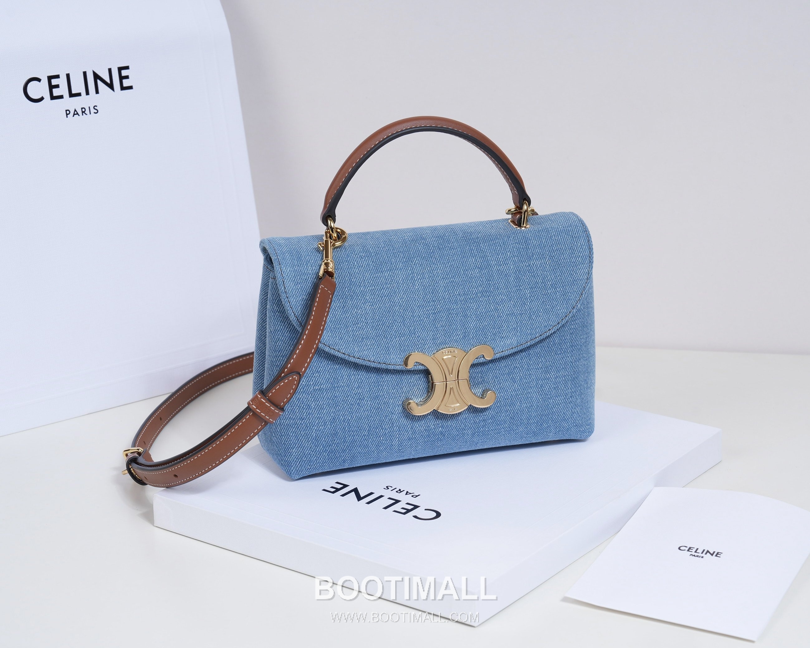 Celine Triomphe Denim Canvas Cowhide Crossbody Bag with Button Lock Detail 셀린느 트리옹프 데님 캔버스 카우하이드 크로스백 버튼락 118112 20.5cm 5