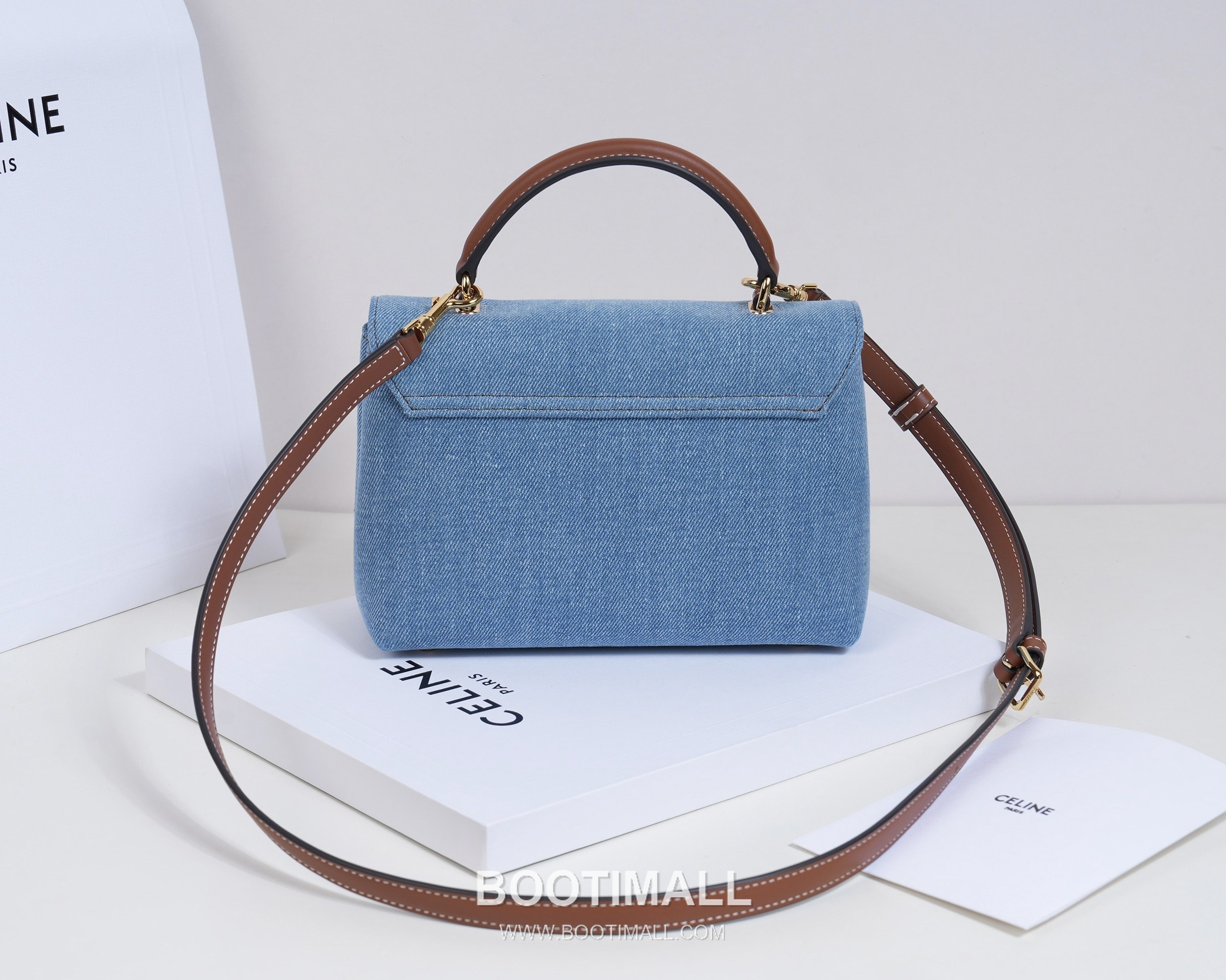 Celine Triomphe Denim Canvas Cowhide Crossbody Bag with Button Lock Detail 셀린느 트리옹프 데님 캔버스 카우하이드 크로스백 버튼락 118112 20.5cm 7