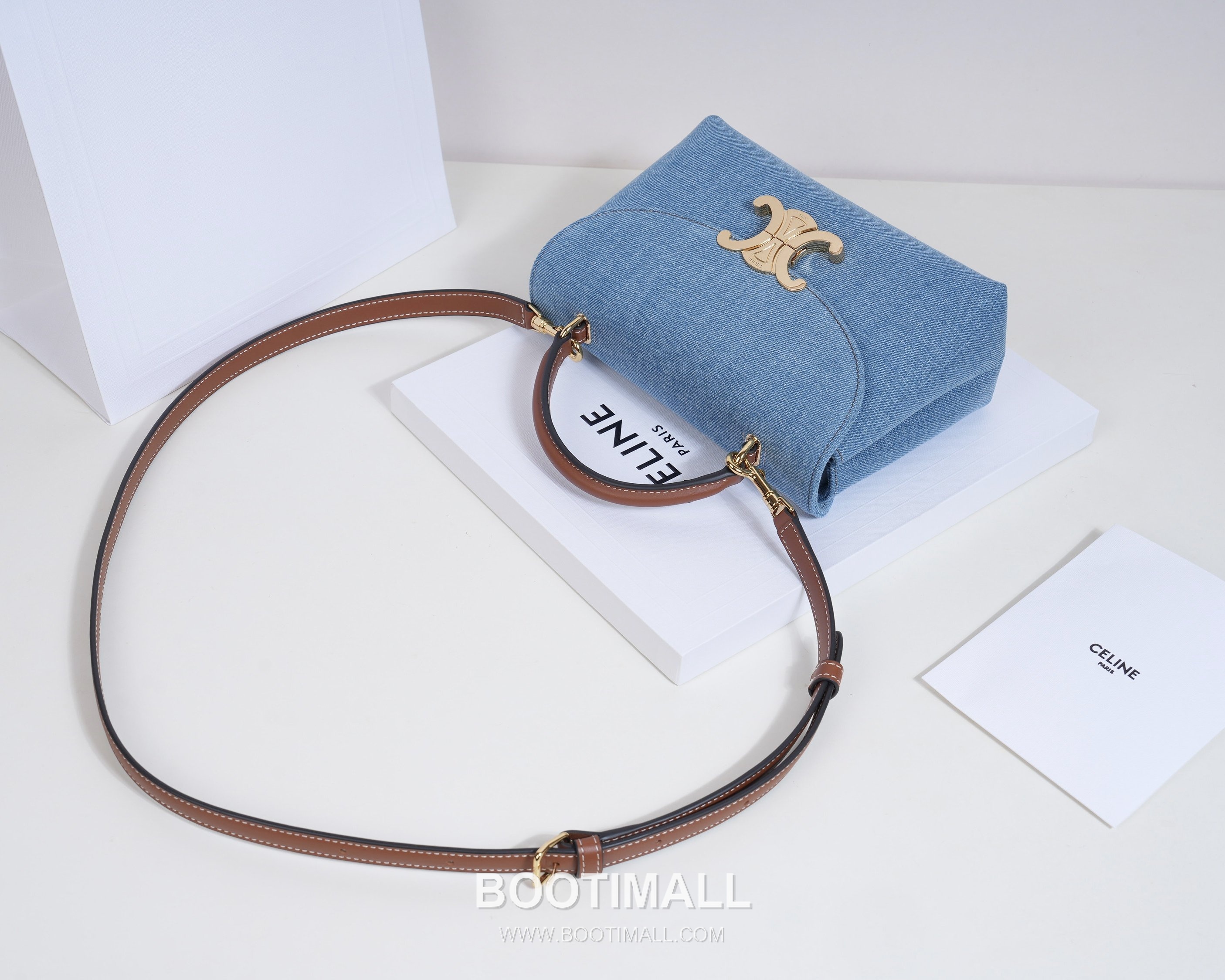 Celine Triomphe Denim Canvas Cowhide Crossbody Bag with Button Lock Detail 셀린느 트리옹프 데님 캔버스 카우하이드 크로스백 버튼락 118112 20.5cm 9