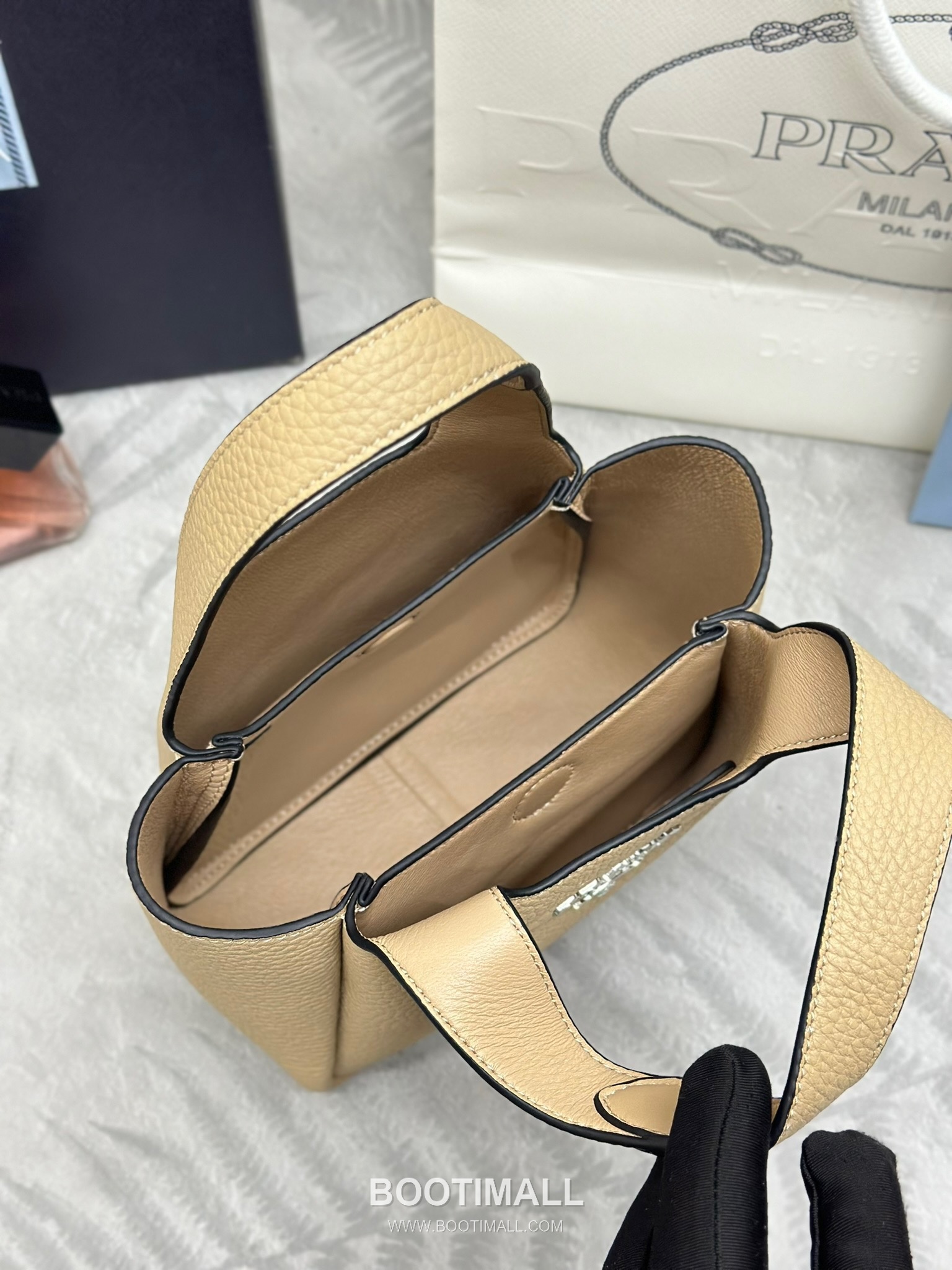 Prada Mini Deer Grain Calfskin Bucket Bag with Gold Hardware Detail 프라다 미니 디어그레인 카프스킨 버킷백 금속디테일 1BA349 18cm 6