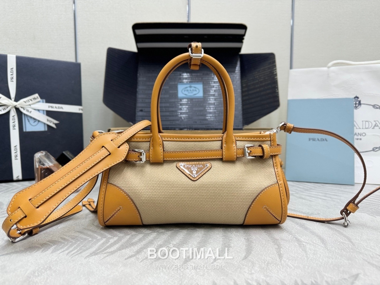 Prada Bonnie Linen Canvas Calfskin Mini Tote Bag with Strap Detail 프라다 보니 린넨 캔버스 카프스킨 미니 토트백 스트랩 1BA486 23.5cm 1