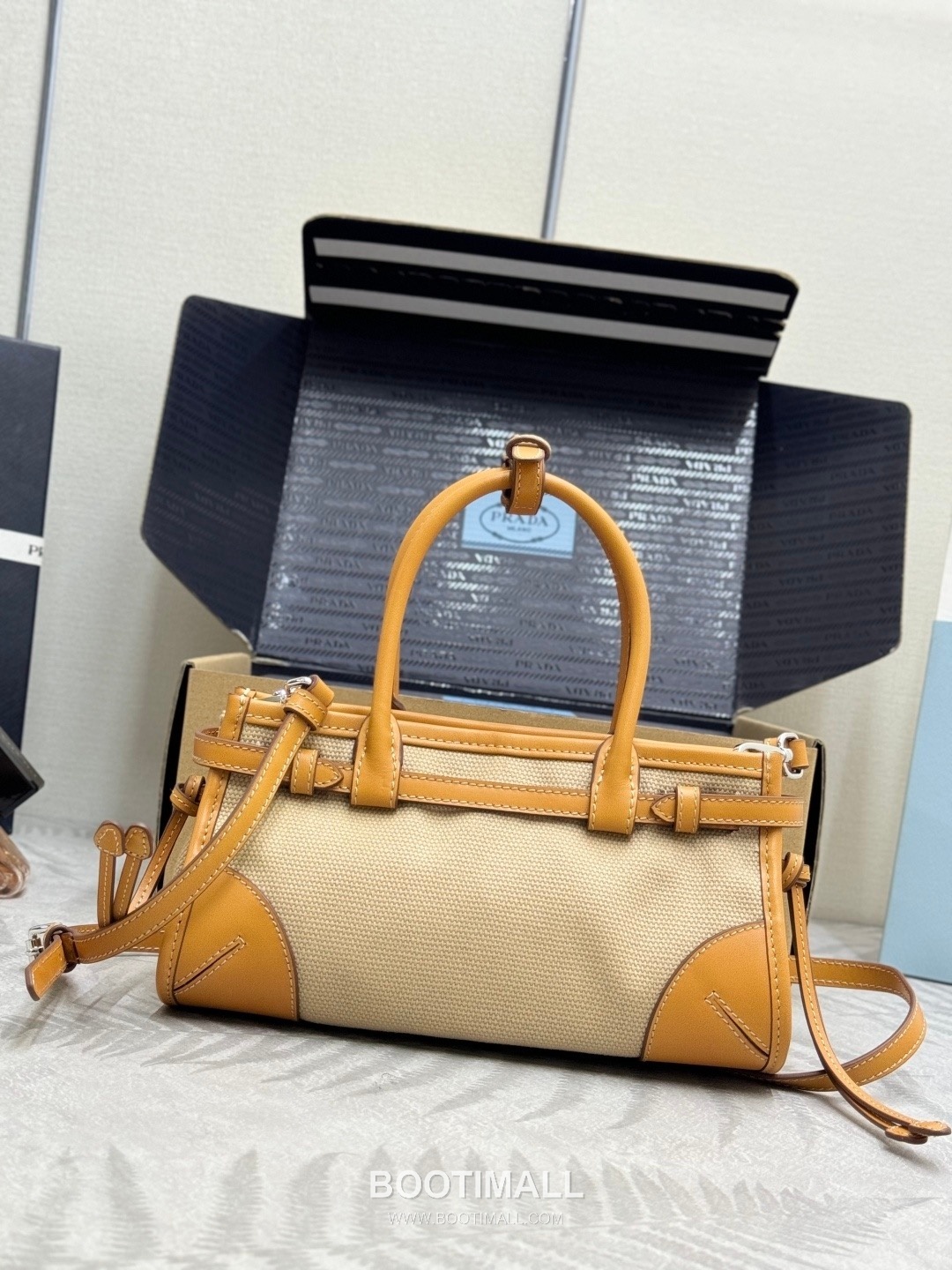 Prada Bonnie Linen Canvas Calfskin Mini Tote Bag with Strap Detail 프라다 보니 린넨 캔버스 카프스킨 미니 토트백 스트랩 1BA486 23.5cm 2