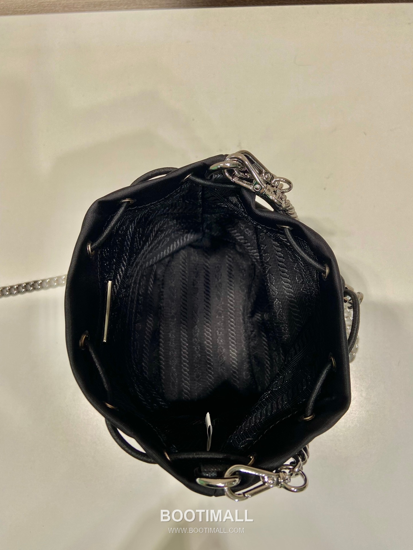 Prada Nylon Mini Bucket Bag with Chain Strap and Drawstring Closure 프라다 나일론 체인 스트랩 드로스트링 미니 버킷백 1BH612 12cm 9