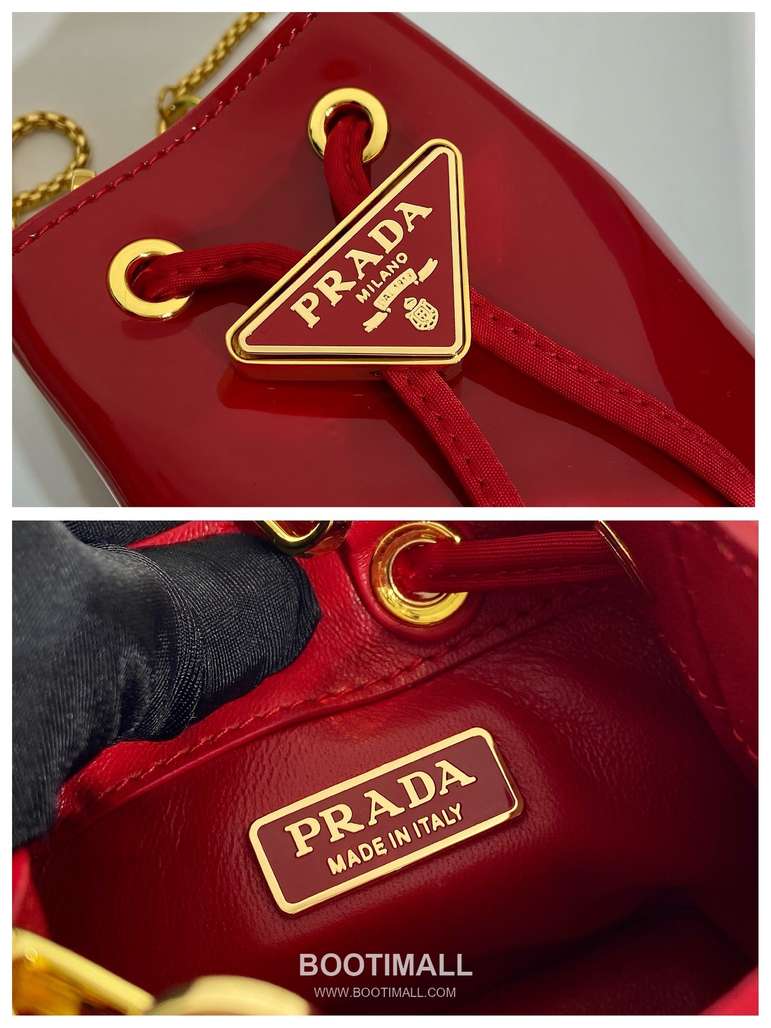 Prada Patent Calfskin Bucket Crossbody Bag with Triangle Logo Chain Strap Detail 프라다 페이턴트 카프스킨 트라이앵글 로고 체인 스트랩 버킷 크로스백 1NR016 10cm 9