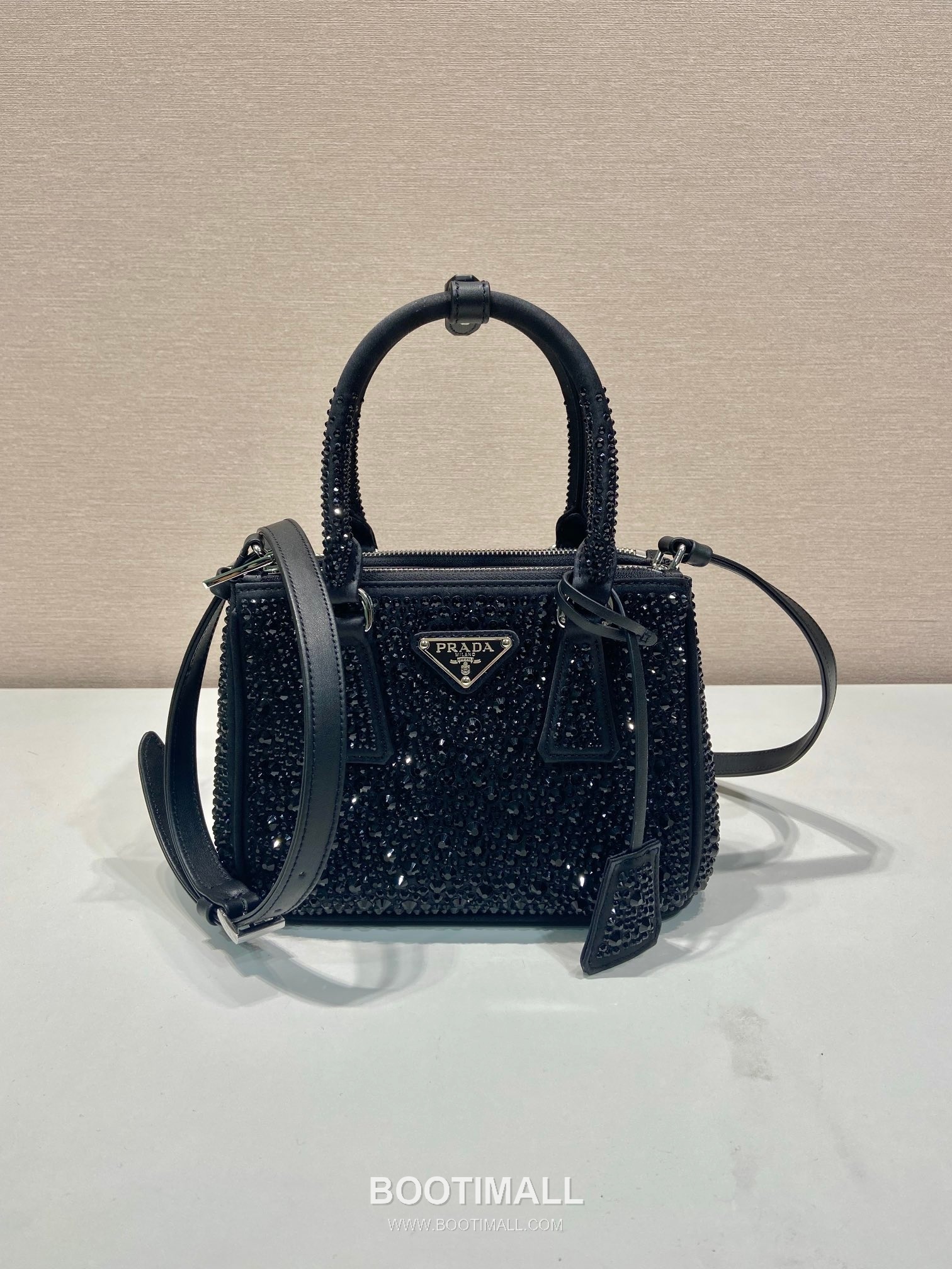Prada Crystal Satin Top Handle Bag with Dual Zip Pocket and Adjustable Strap 프라다 크리스탈 새틴 더블 지퍼 스트랩 핸드백 1BA906 20cm 1