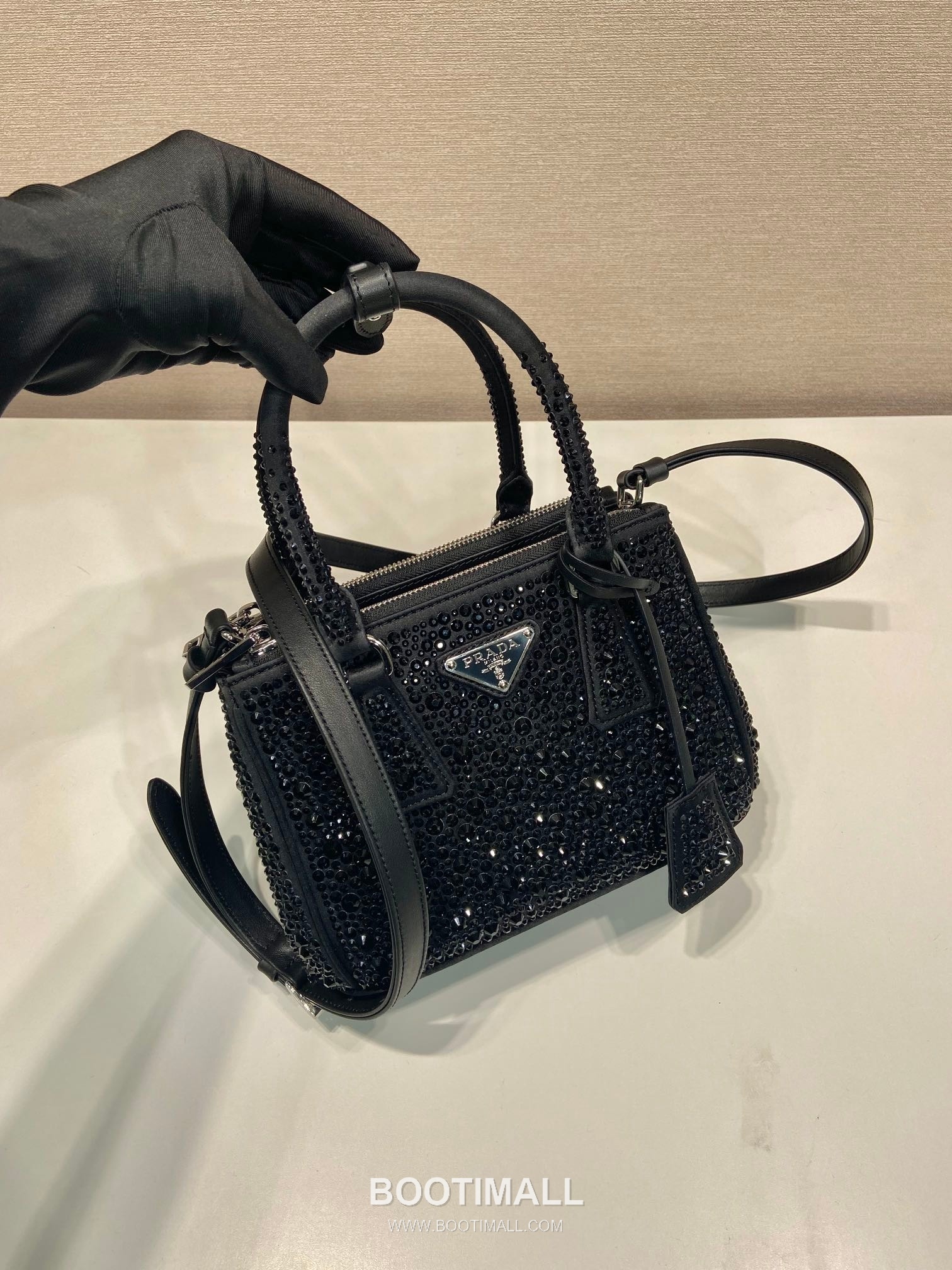 Prada Crystal Satin Top Handle Bag with Dual Zip Pocket and Adjustable Strap 프라다 크리스탈 새틴 더블 지퍼 스트랩 핸드백 1BA906 20cm 2