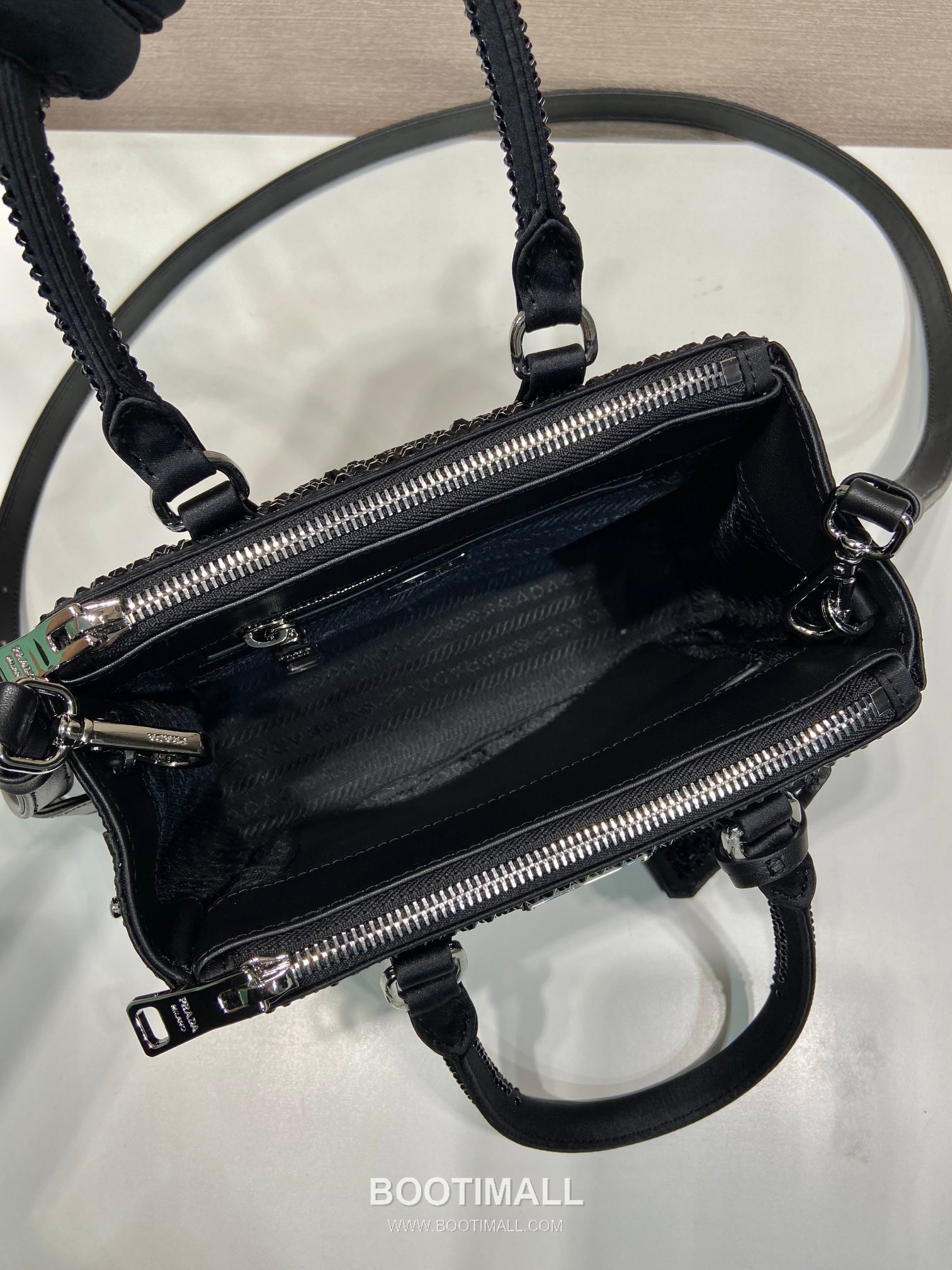 Prada Crystal Satin Top Handle Bag with Dual Zip Pocket and Adjustable Strap 프라다 크리스탈 새틴 더블 지퍼 스트랩 핸드백 1BA906 20cm 8