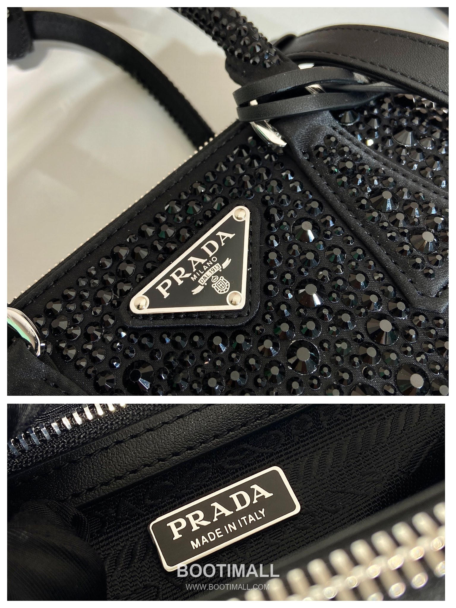 Prada Crystal Satin Top Handle Bag with Dual Zip Pocket and Adjustable Strap 프라다 크리스탈 새틴 더블 지퍼 스트랩 핸드백 1BA906 20cm 9