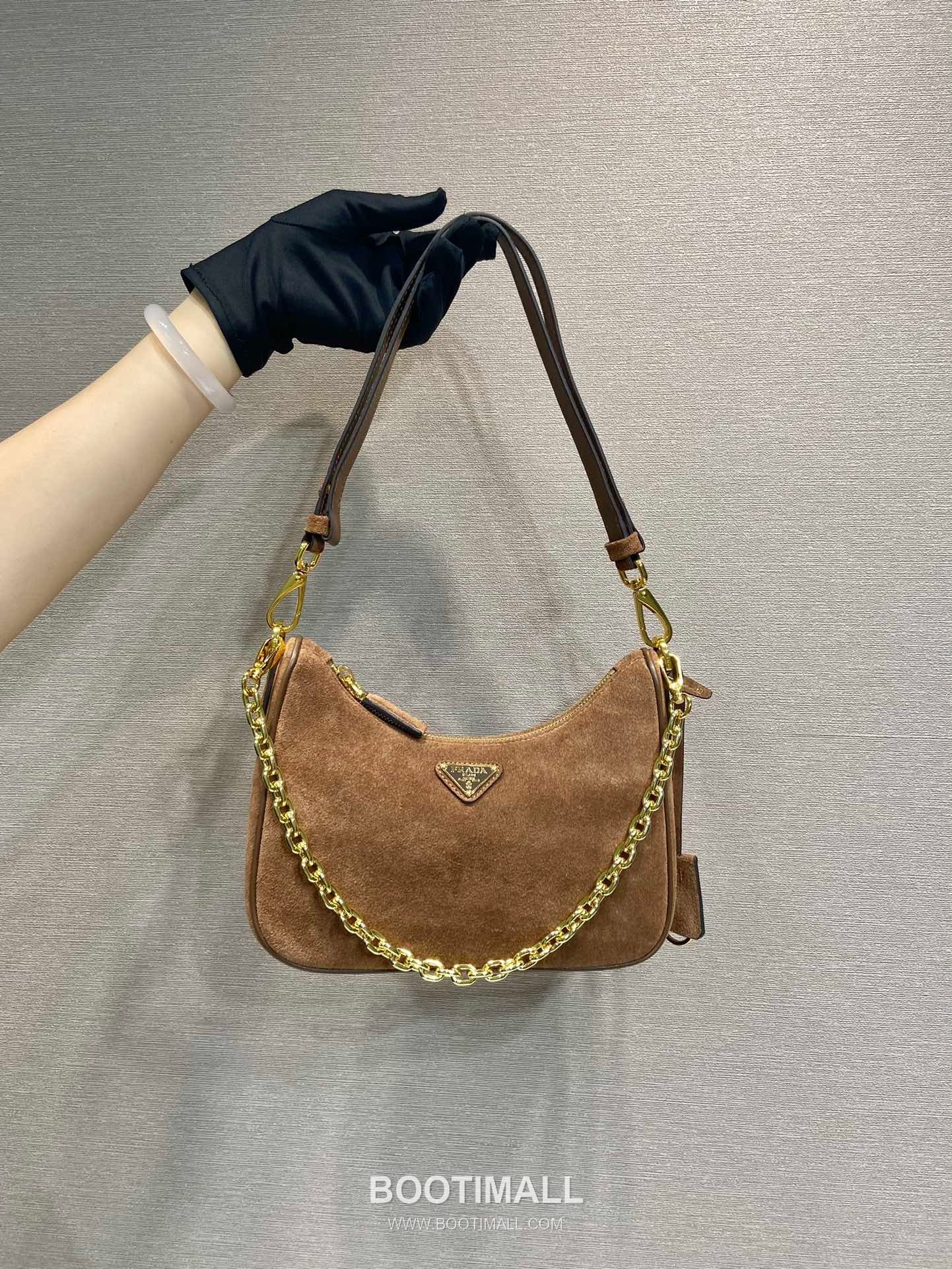 Prada Suede Calfskin Leather Hobo Bag with Chain Strap and Adjustable Shoulder Strap 프라다 스웨이드 카프스킨 체인 스트랩 조절 숄더 호보백 1BC204B 23cm 1