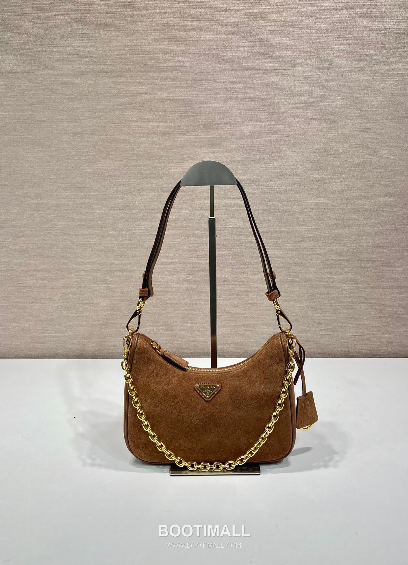 Prada Suede Calfskin Leather Hobo Bag with Chain Strap and Adjustable Shoulder Strap 프라다 스웨이드 카프스킨 체인 스트랩 조절 숄더 호보백 1BC204B 23cm 2