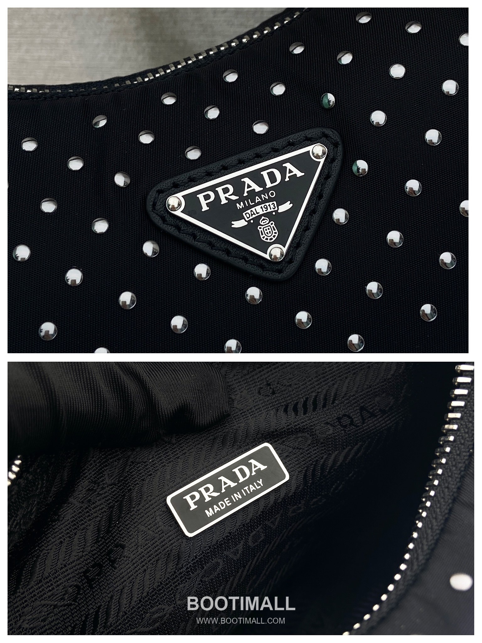 Prada Nylon Hobo Bag with Stud Detail and Zip Closure 프라다 나일론 스터드 디테일 지퍼 호보백 1NE515 23cm 9