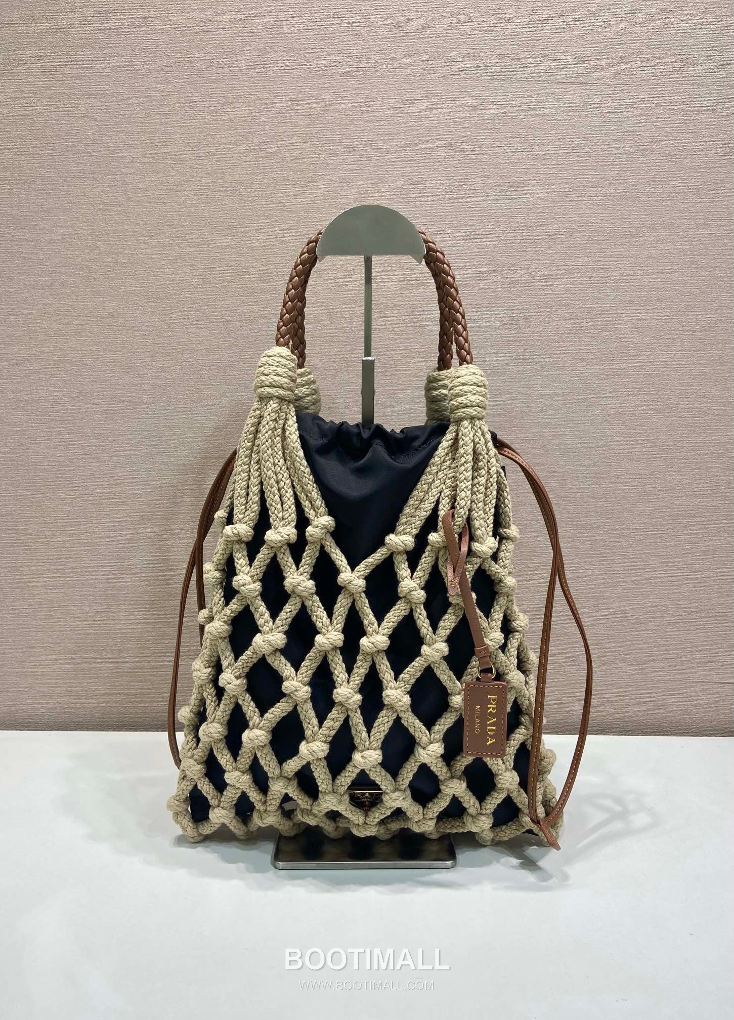 Prada Macramé Nylon Woven Tote Bag with Leather Handle and Drawstring Pouch 프라다 마크라메 나일론 우븐 레더 핸들 토트백 1BC111 30cm 1