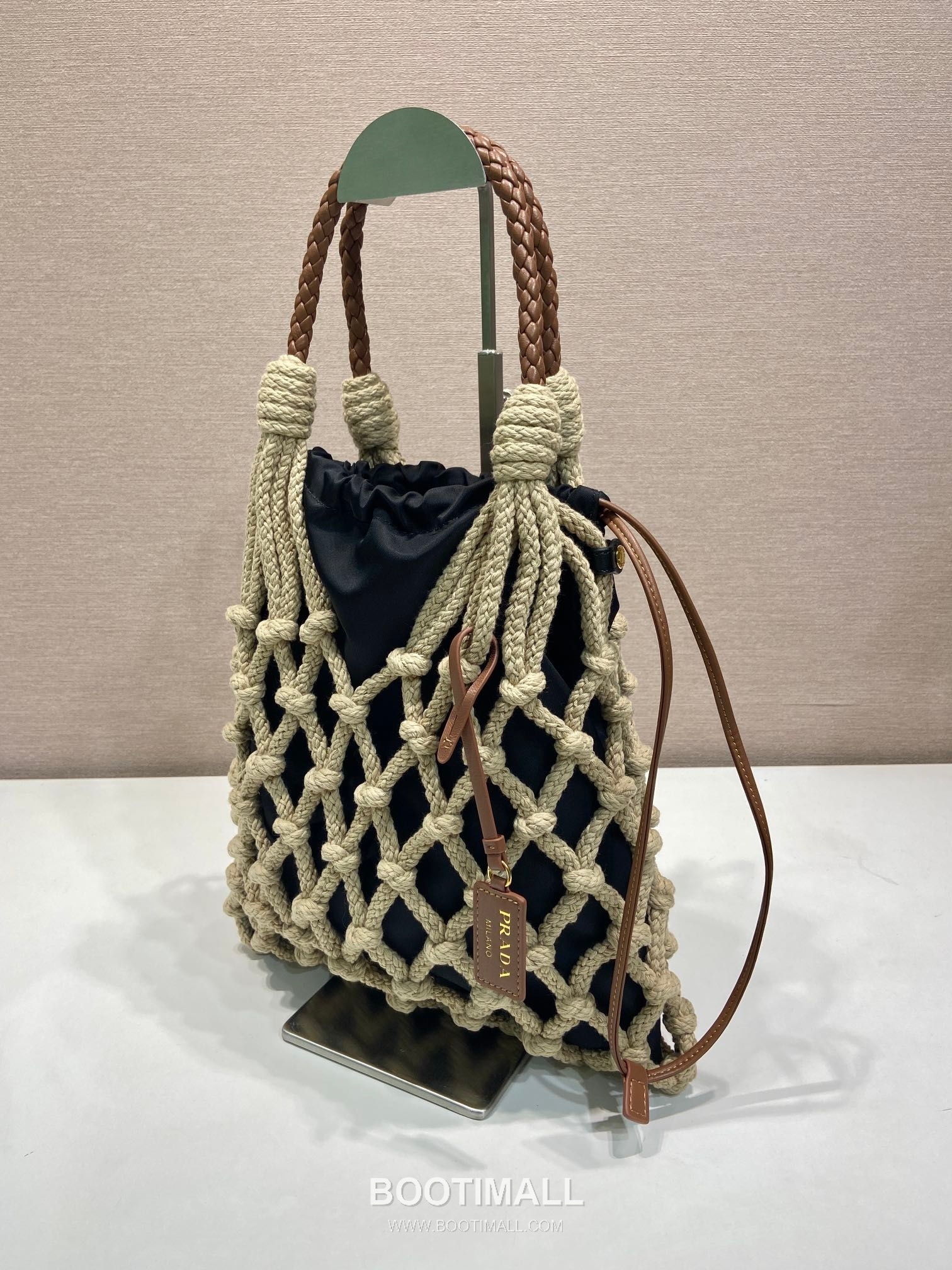 Prada Macramé Nylon Woven Tote Bag with Leather Handle and Drawstring Pouch 프라다 마크라메 나일론 우븐 레더 핸들 토트백 1BC111 30cm 2