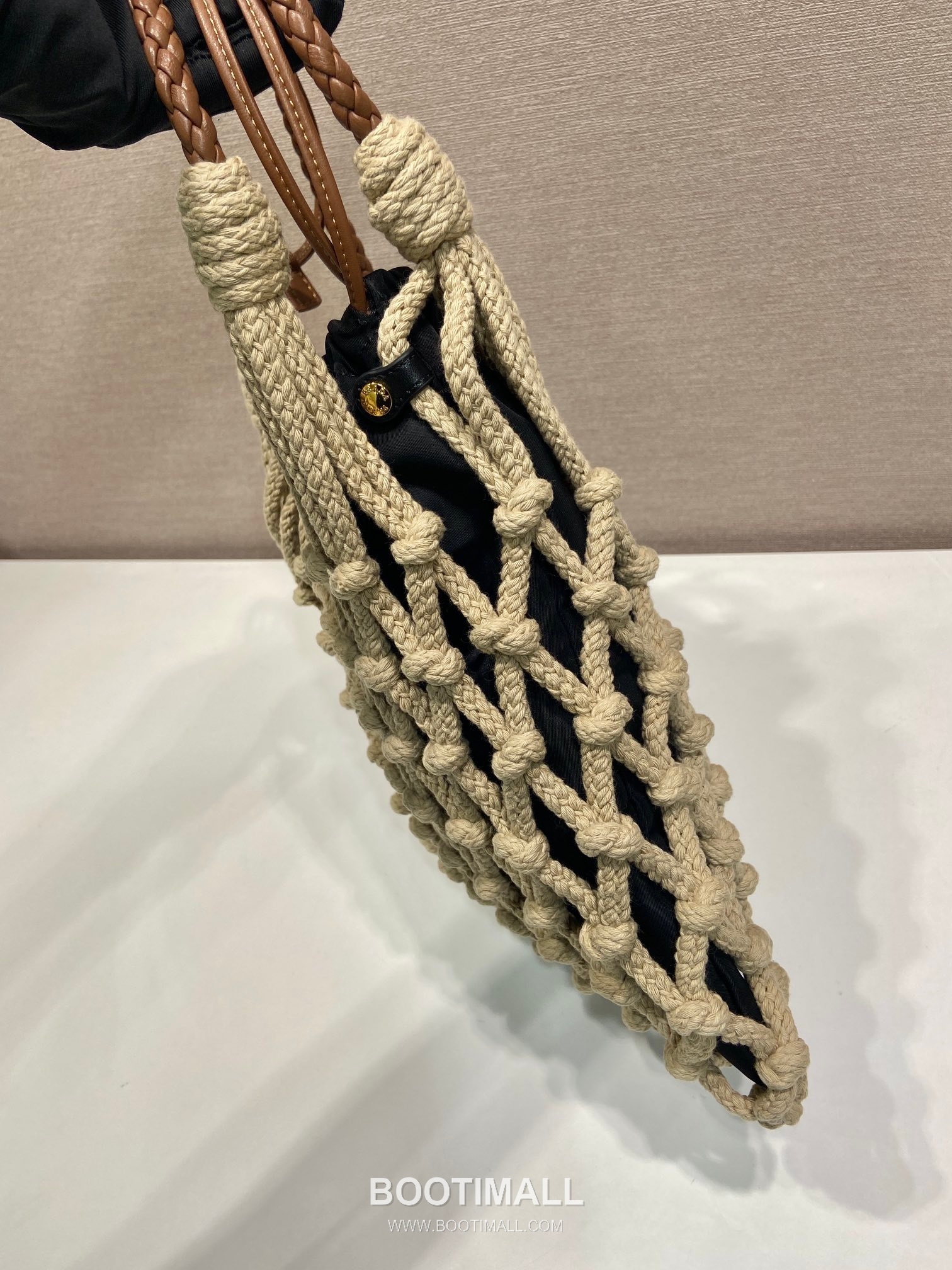 Prada Macramé Nylon Woven Tote Bag with Leather Handle and Drawstring Pouch 프라다 마크라메 나일론 우븐 레더 핸들 토트백 1BC111 30cm 5