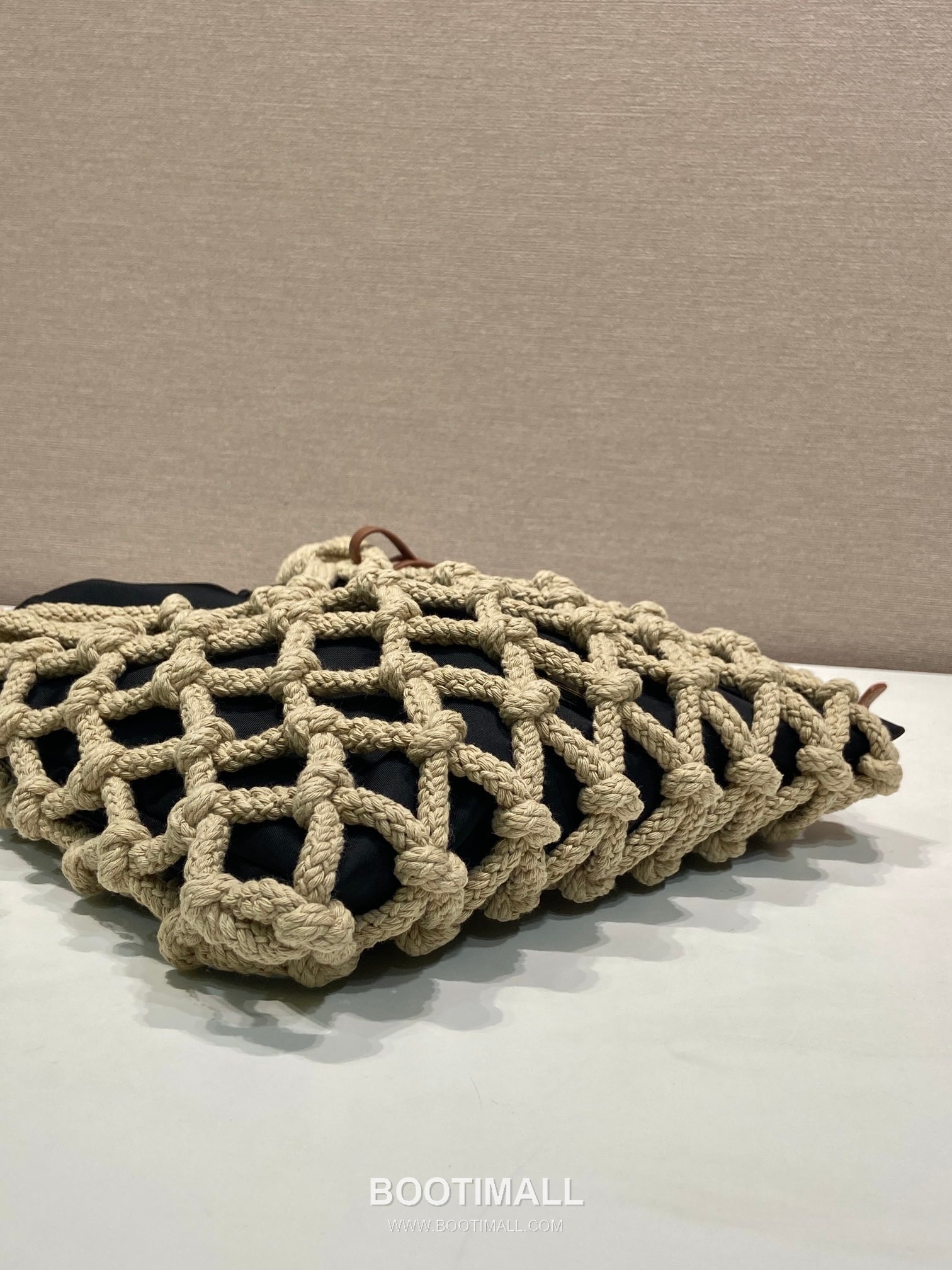 Prada Macramé Nylon Woven Tote Bag with Leather Handle and Drawstring Pouch 프라다 마크라메 나일론 우븐 레더 핸들 토트백 1BC111 30cm 6