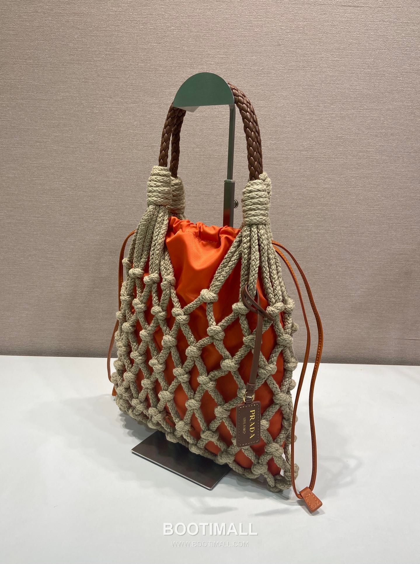 Prada Macramé Nylon Woven Tote Bag with Leather Handle and Drawstring Pouch 프라다 마크라메 나일론 우븐 레더 핸들 토트백 1BC111 30cm 2