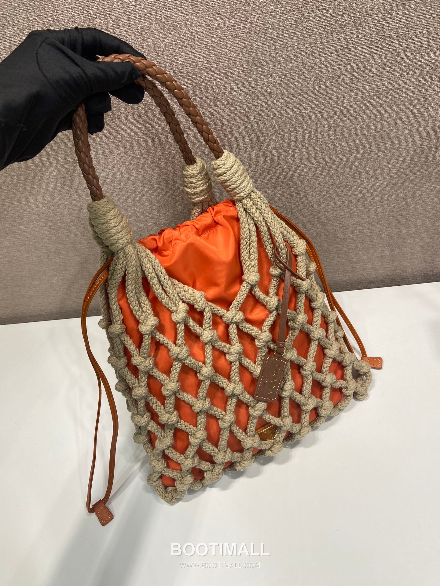 Prada Macramé Nylon Woven Tote Bag with Leather Handle and Drawstring Pouch 프라다 마크라메 나일론 우븐 레더 핸들 토트백 1BC111 30cm 3