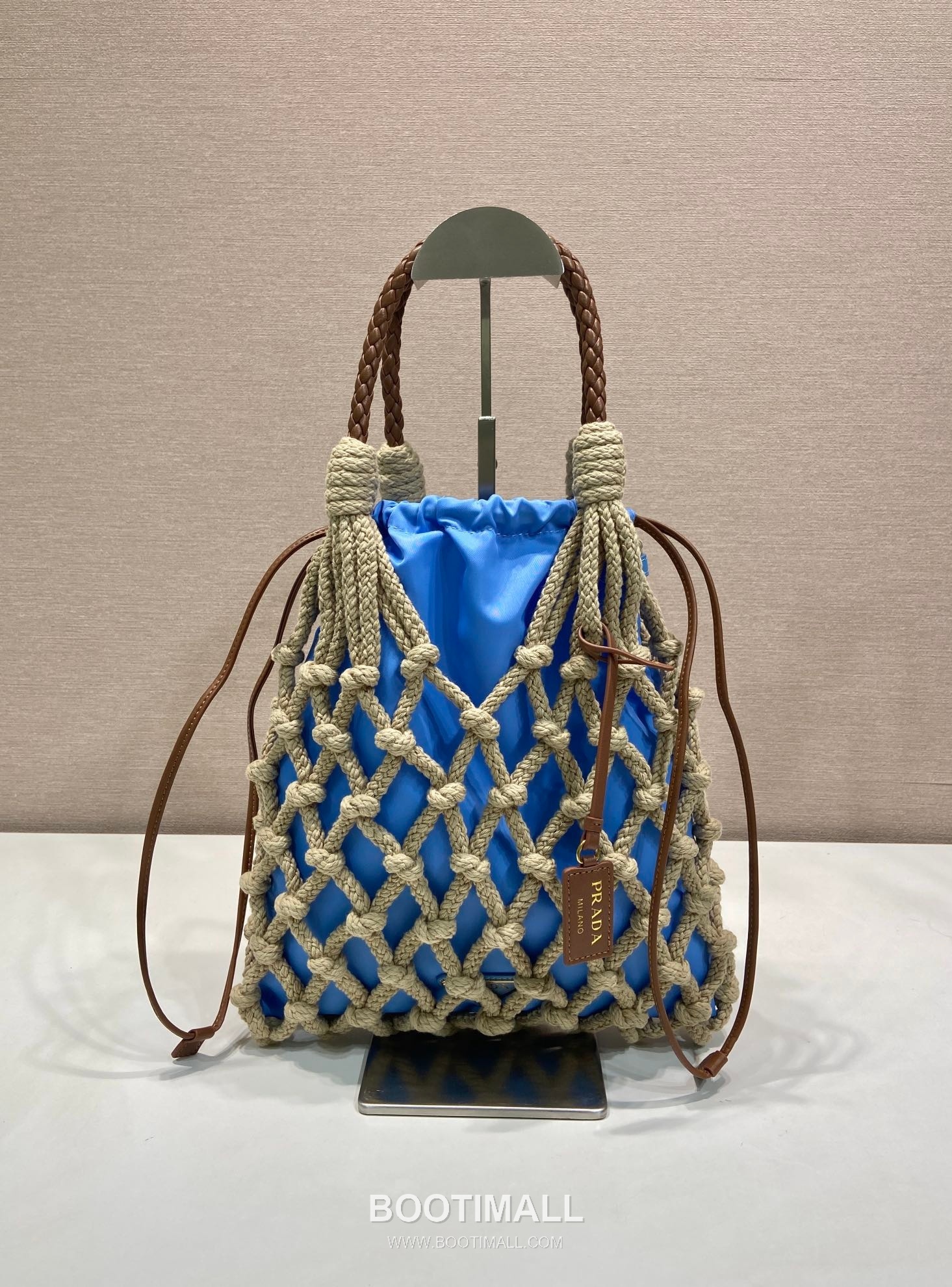 Prada Macramé Nylon Woven Tote Bag with Leather Handle and Drawstring Pouch 프라다 마크라메 나일론 우븐 레더 핸들 토트백 1BC111 30cm 1
