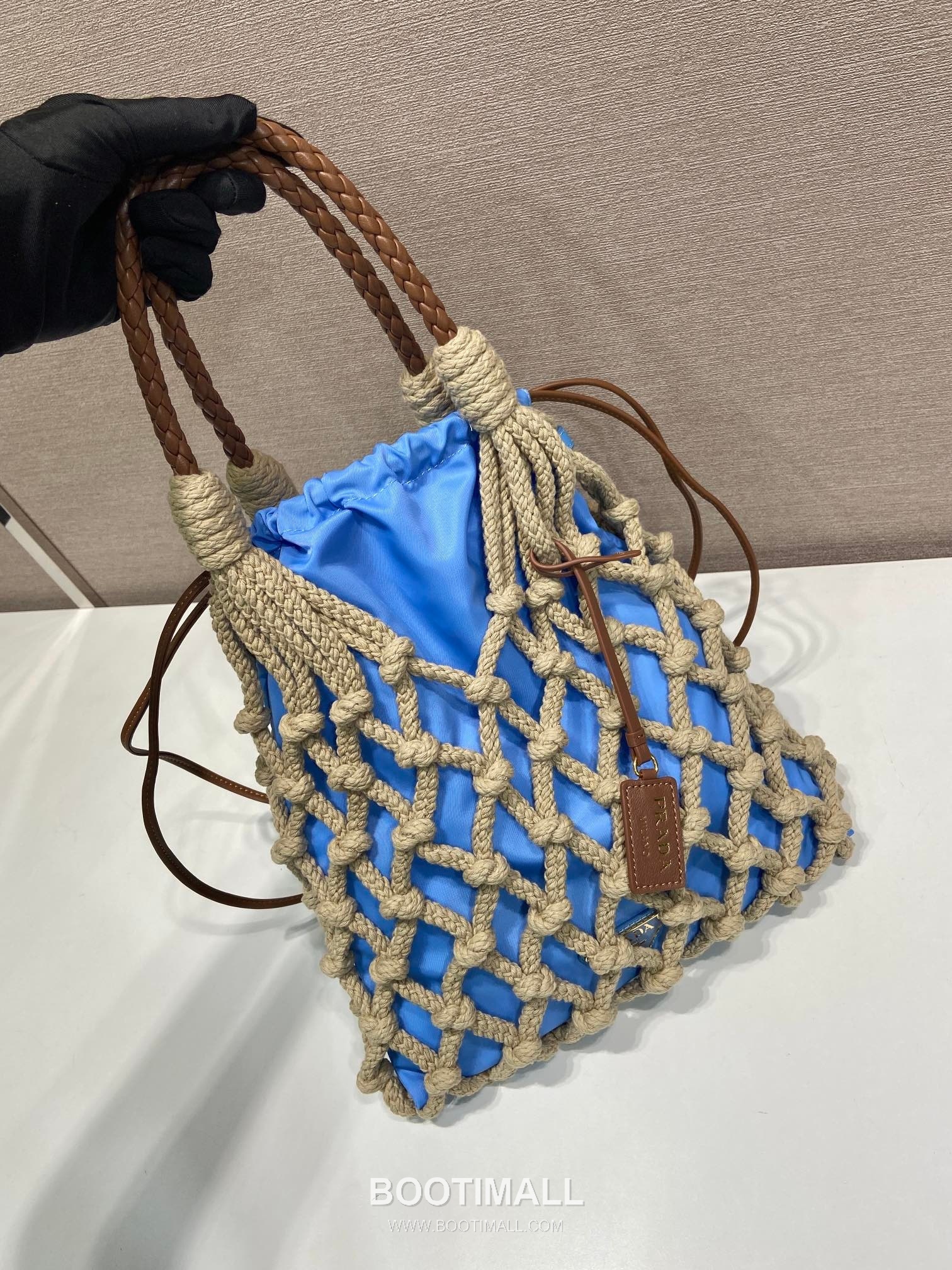 Prada Macramé Nylon Woven Tote Bag with Leather Handle and Drawstring Pouch 프라다 마크라메 나일론 우븐 레더 핸들 토트백 1BC111 30cm 3