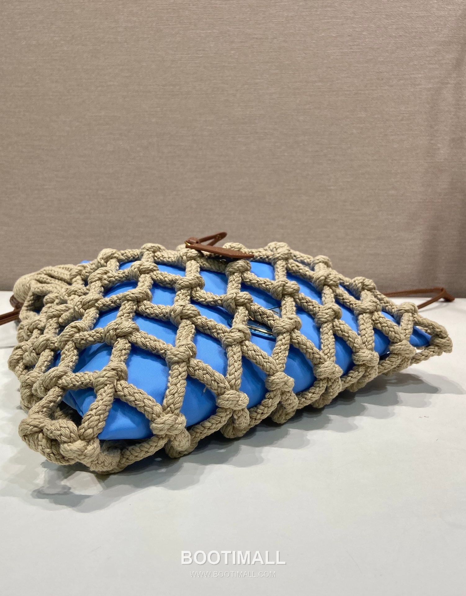 Prada Macramé Nylon Woven Tote Bag with Leather Handle and Drawstring Pouch 프라다 마크라메 나일론 우븐 레더 핸들 토트백 1BC111 30cm 6