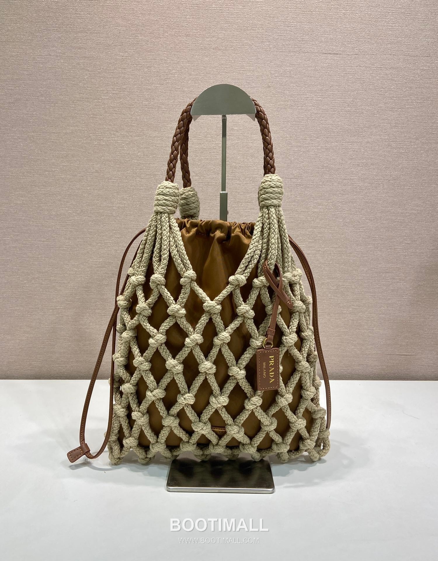 Prada Macramé Nylon Woven Tote Bag with Leather Handle and Drawstring Pouch 프라다 마크라메 나일론 우븐 레더 핸들 토트백 1BC111 30cm 1
