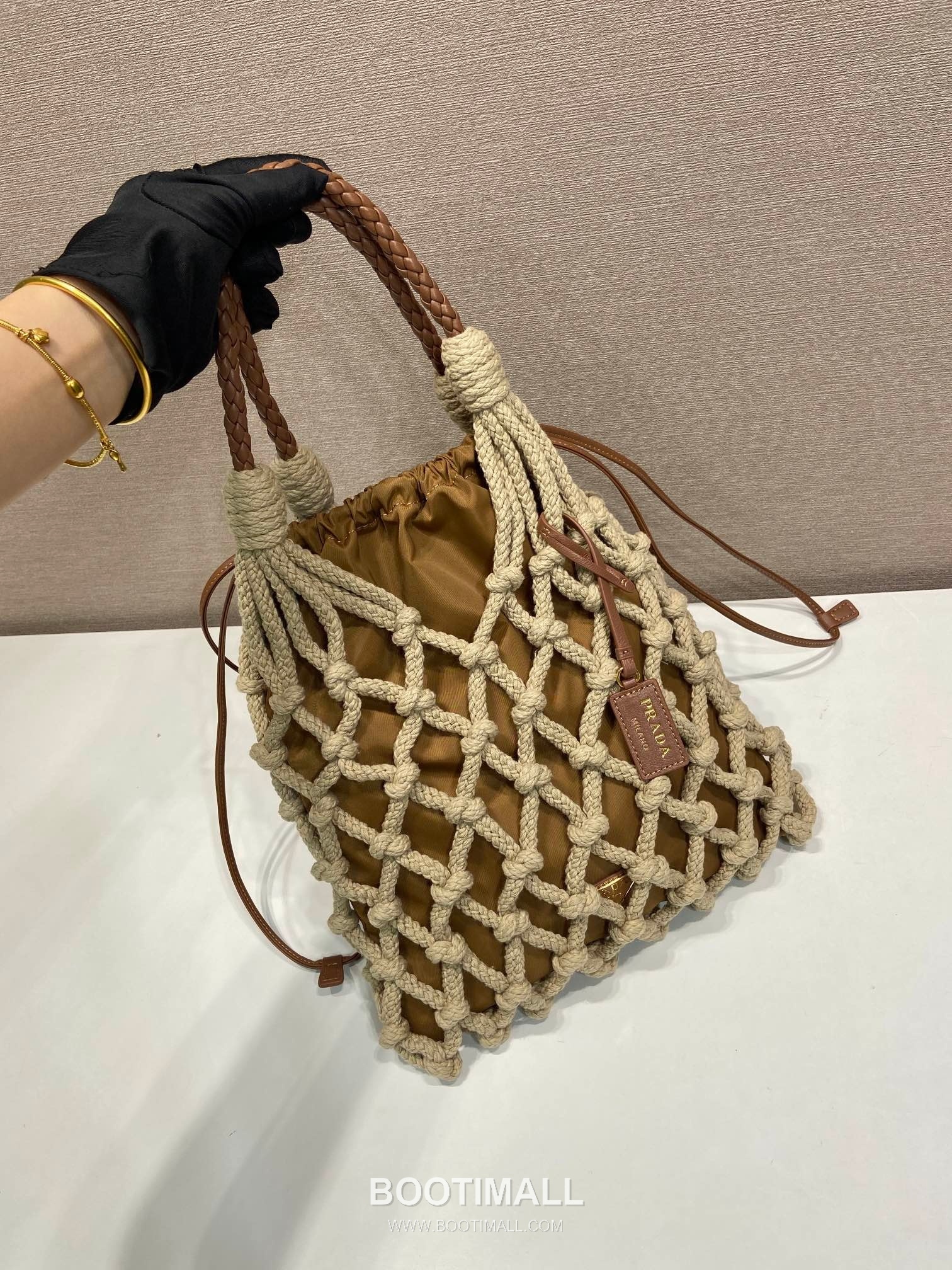 Prada Macramé Nylon Woven Tote Bag with Leather Handle and Drawstring Pouch 프라다 마크라메 나일론 우븐 레더 핸들 토트백 1BC111 30cm 2