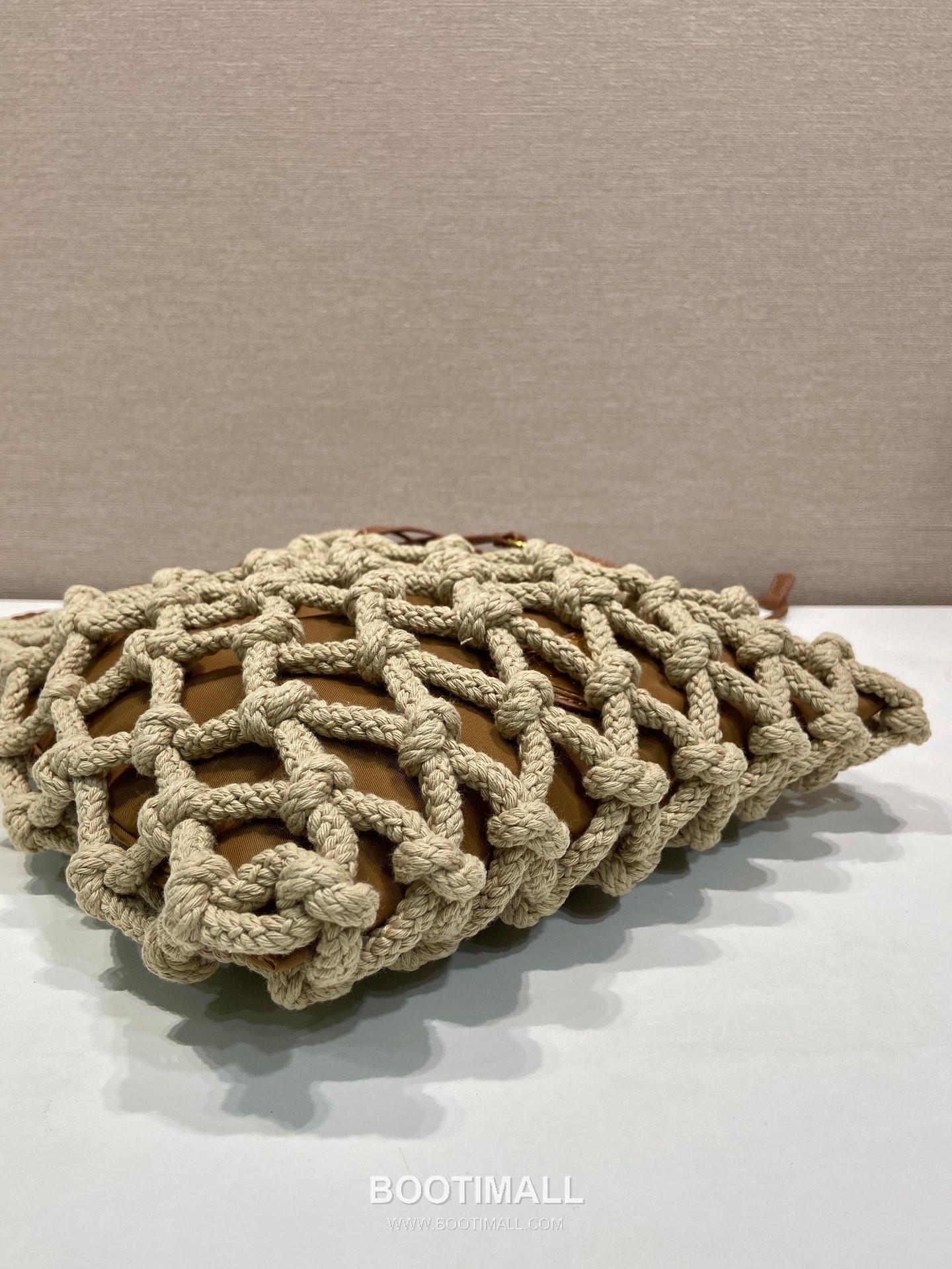 Prada Macramé Nylon Woven Tote Bag with Leather Handle and Drawstring Pouch 프라다 마크라메 나일론 우븐 레더 핸들 토트백 1BC111 30cm 6