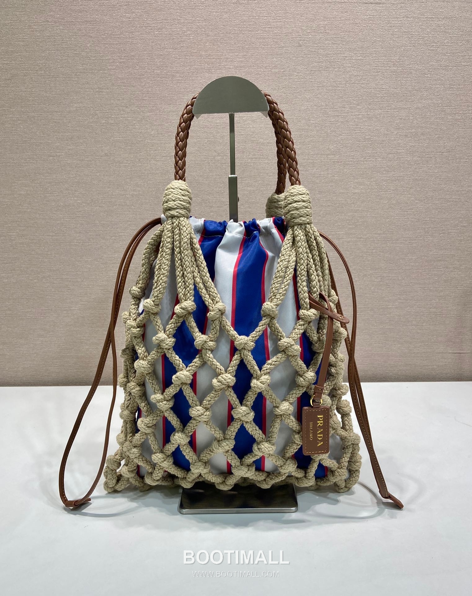 Prada Macramé Nylon Woven Tote Bag with Leather Handle and Drawstring Pouch 프라다 마크라메 나일론 우븐 레더 핸들 토트백 1BC111 30cm 1