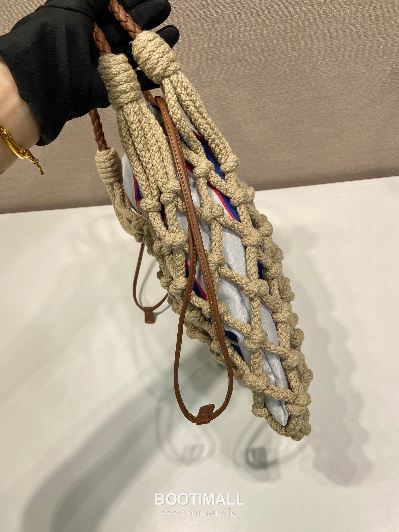 Prada Macramé Nylon Woven Tote Bag with Leather Handle and Drawstring Pouch 프라다 마크라메 나일론 우븐 레더 핸들 토트백 1BC111 30cm 6