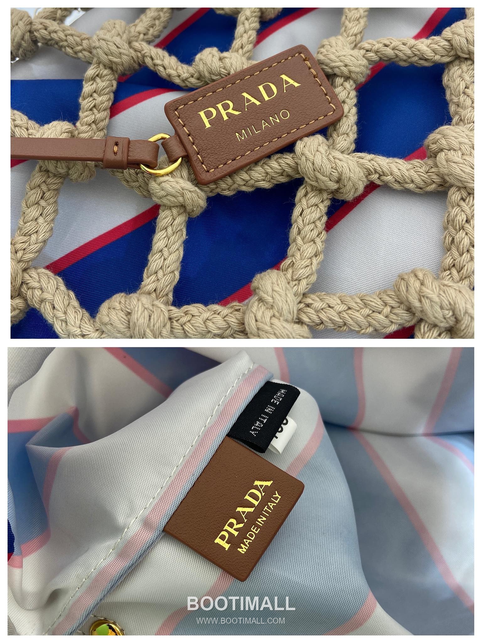 Prada Macramé Nylon Woven Tote Bag with Leather Handle and Drawstring Pouch 프라다 마크라메 나일론 우븐 레더 핸들 토트백 1BC111 30cm 9