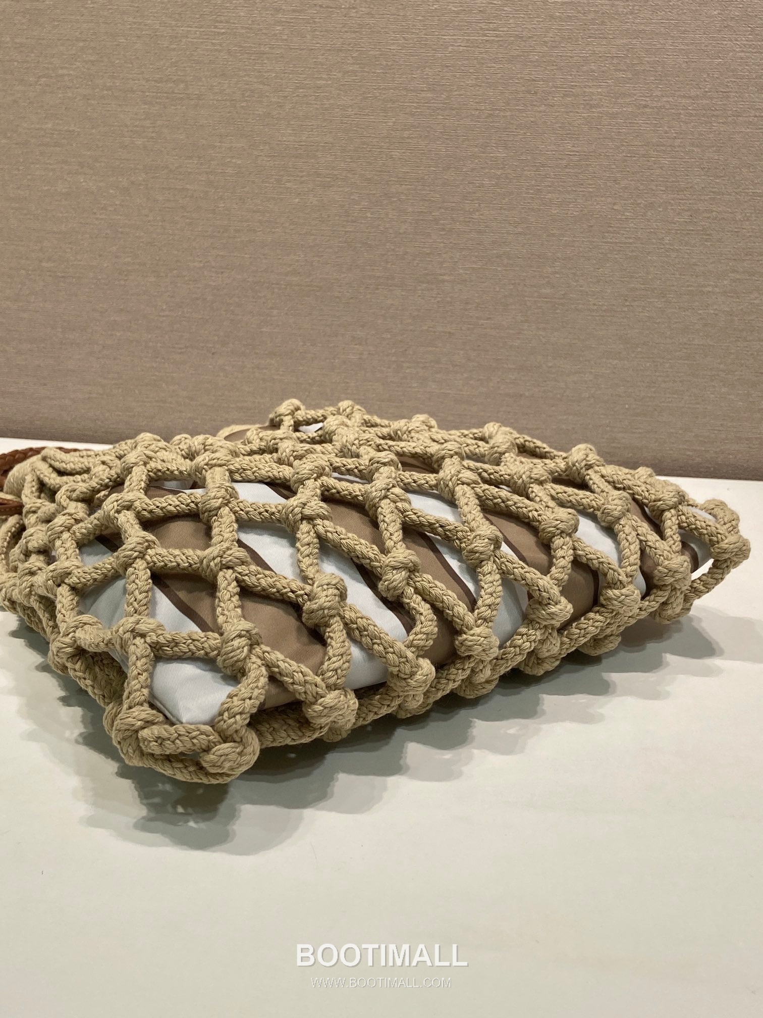 Prada Macramé Nylon Woven Tote Bag with Leather Handle and Drawstring Pouch 프라다 마크라메 나일론 우븐 레더 핸들 토트백 1BC111 30cm 6