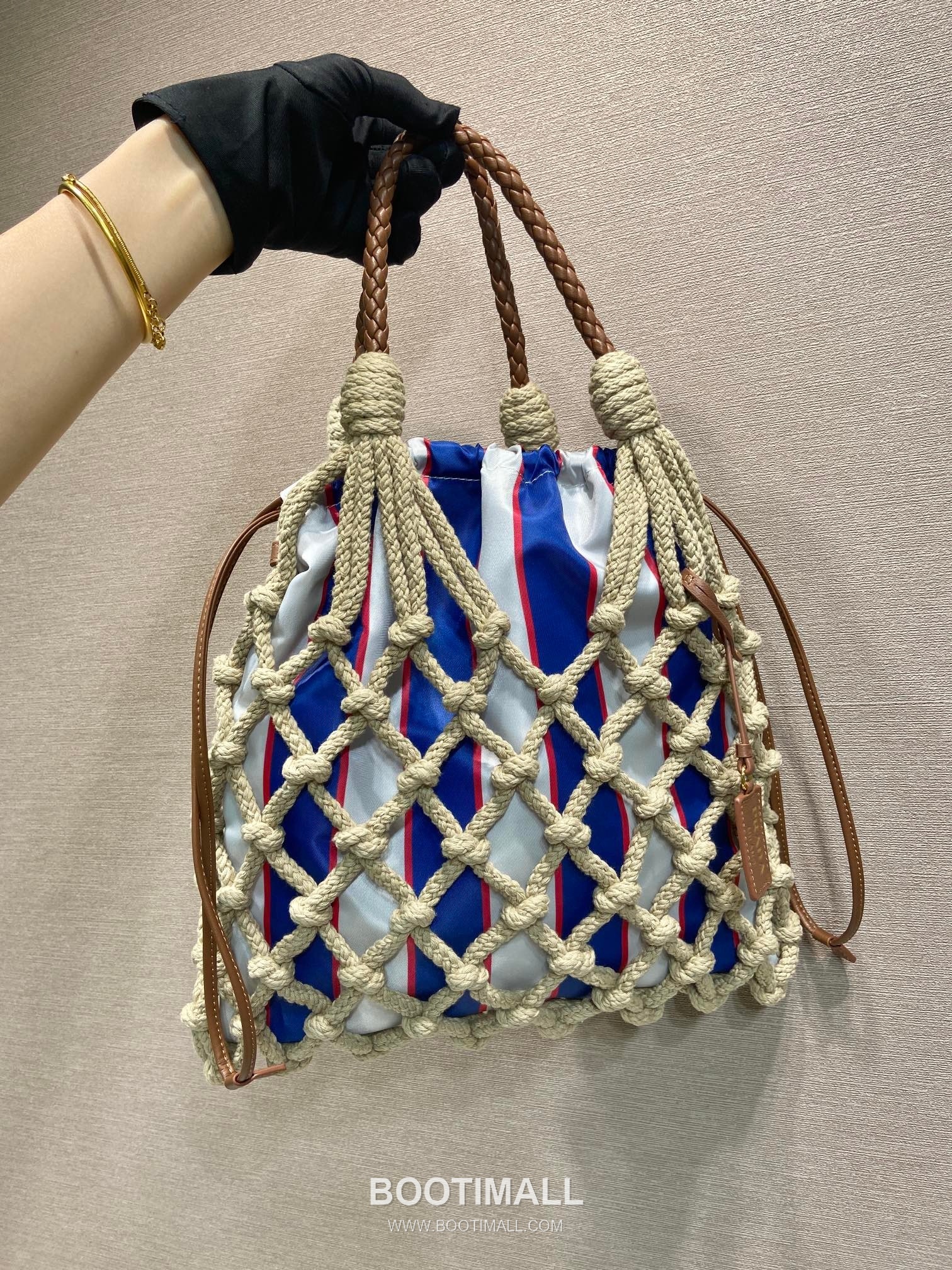 Prada Macramé Nylon Woven Tote Bag with Leather Handle and Drawstring Pouch 프라다 마크라메 나일론 우븐 레더 핸들 토트백 1BC111 30cm 10