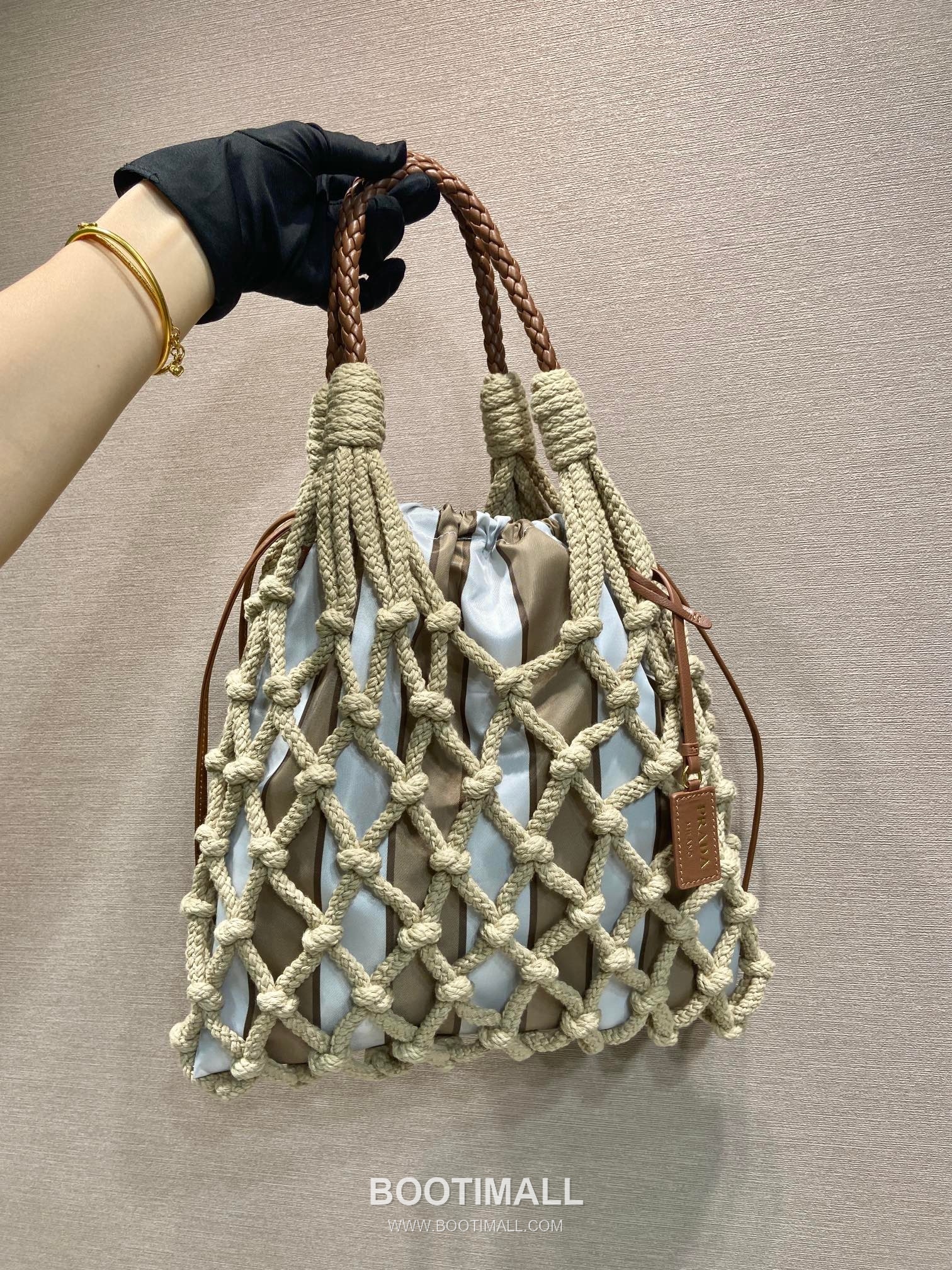 Prada Macramé Nylon Woven Tote Bag with Leather Handle and Drawstring Pouch 프라다 마크라메 나일론 우븐 레더 핸들 토트백 1BC111 30cm 11