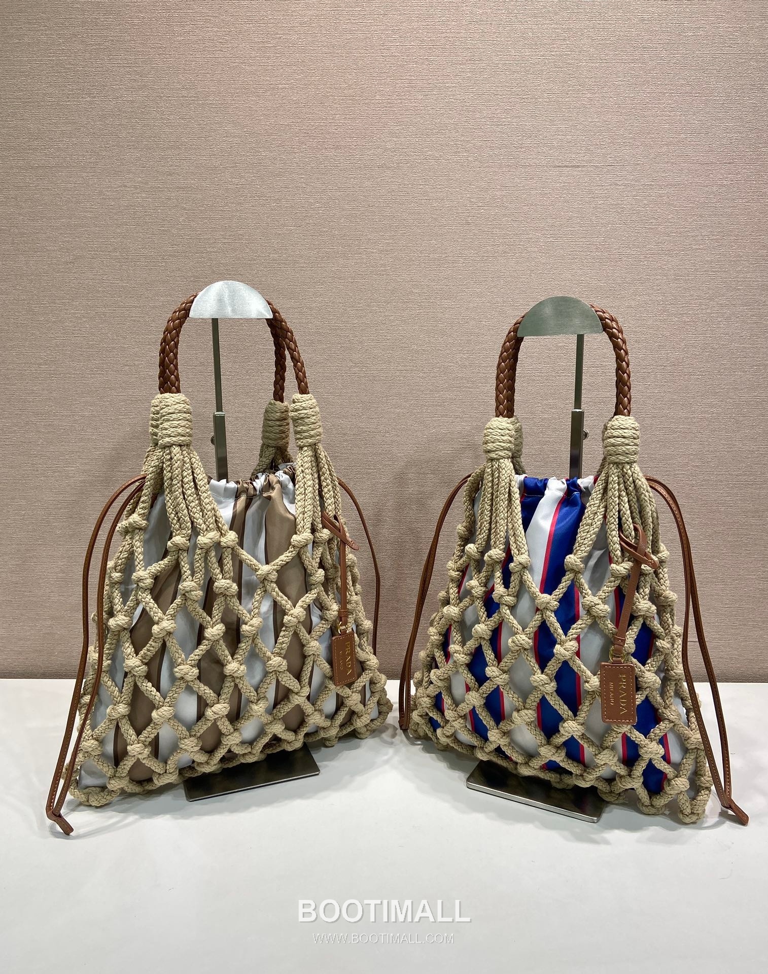 Prada Macramé Nylon Woven Tote Bag with Leather Handle and Drawstring Pouch 프라다 마크라메 나일론 우븐 레더 핸들 토트백 1BC111 30cm 12